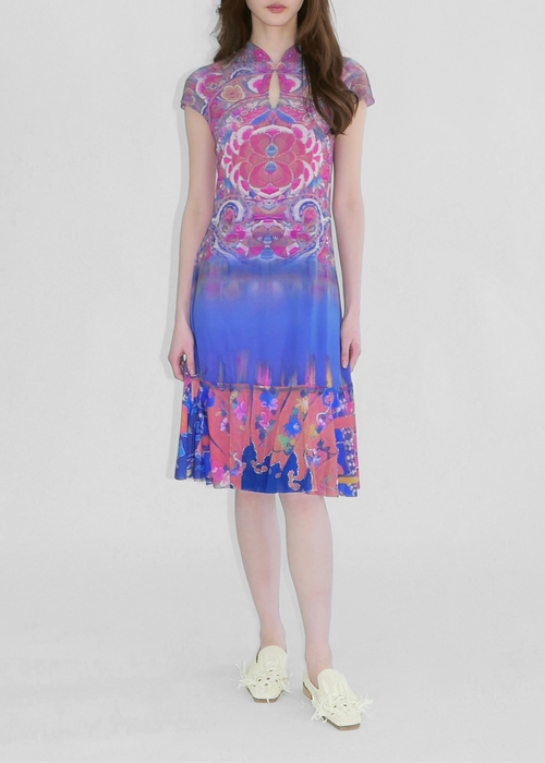 Model wearing blue and pink Chinese style print mesh dress, with mandarin collar