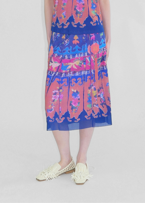 Pink and blue Chinese style print mesh skirt