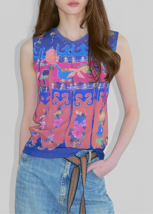 Chinese style print in blue and pink mesh tank top