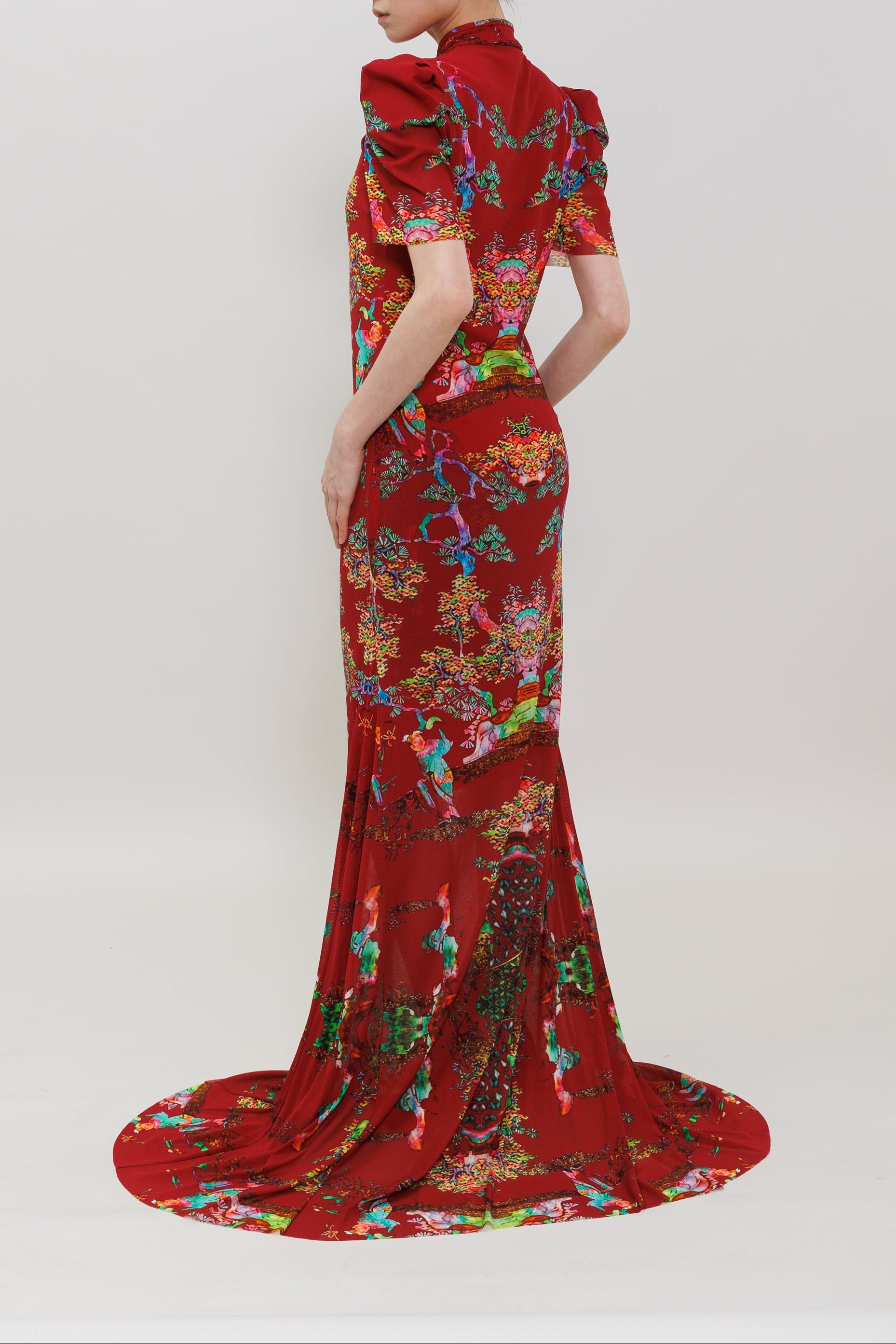 Bonsai Pearl Inlaid Print Puff Sleeve Gown