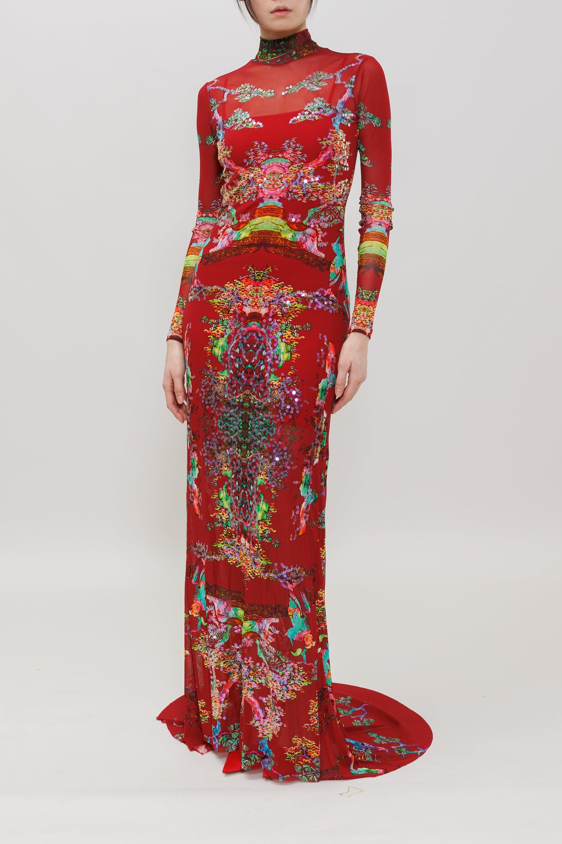 Bonsai Pearl Inlaid Print Sequins Gown
