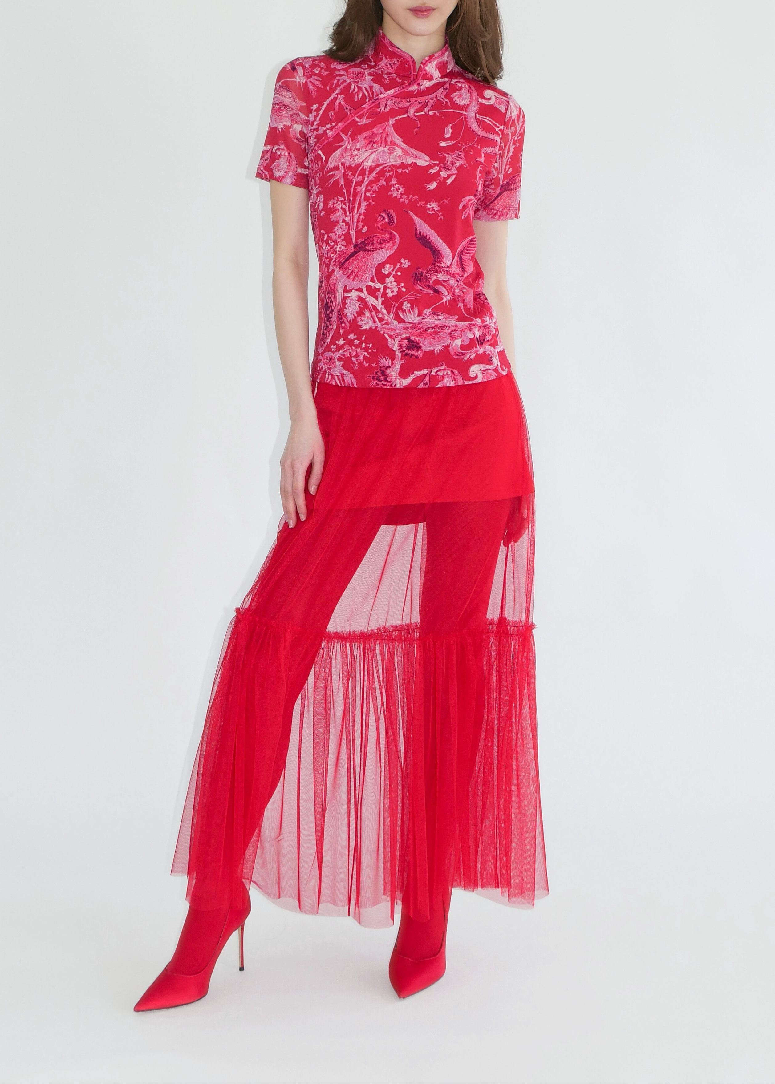 Woman wearing a red outfit with a patterned top and sheer red skirt on a white background