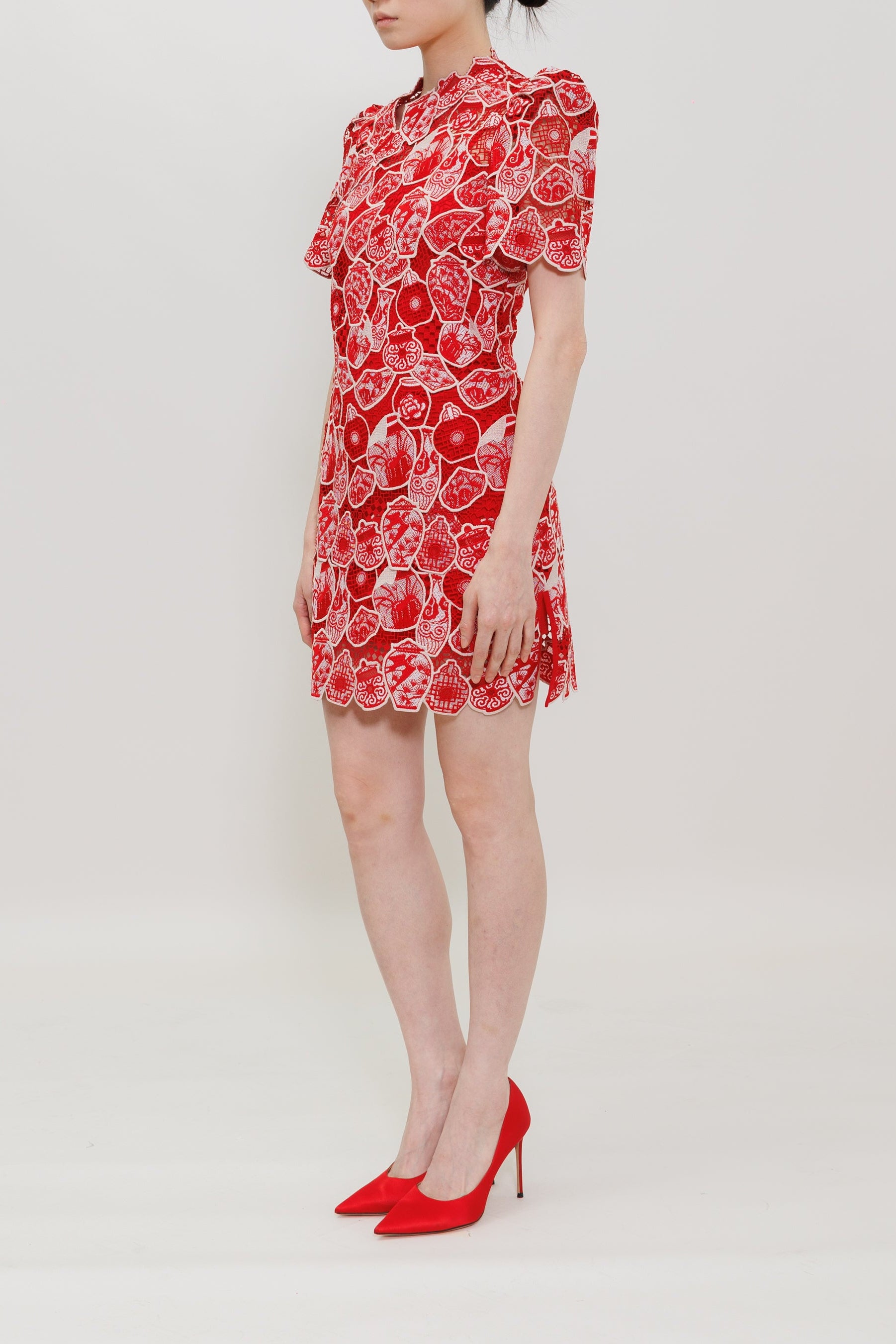 Ceremic Cluster Lace Qipao Mini Dress