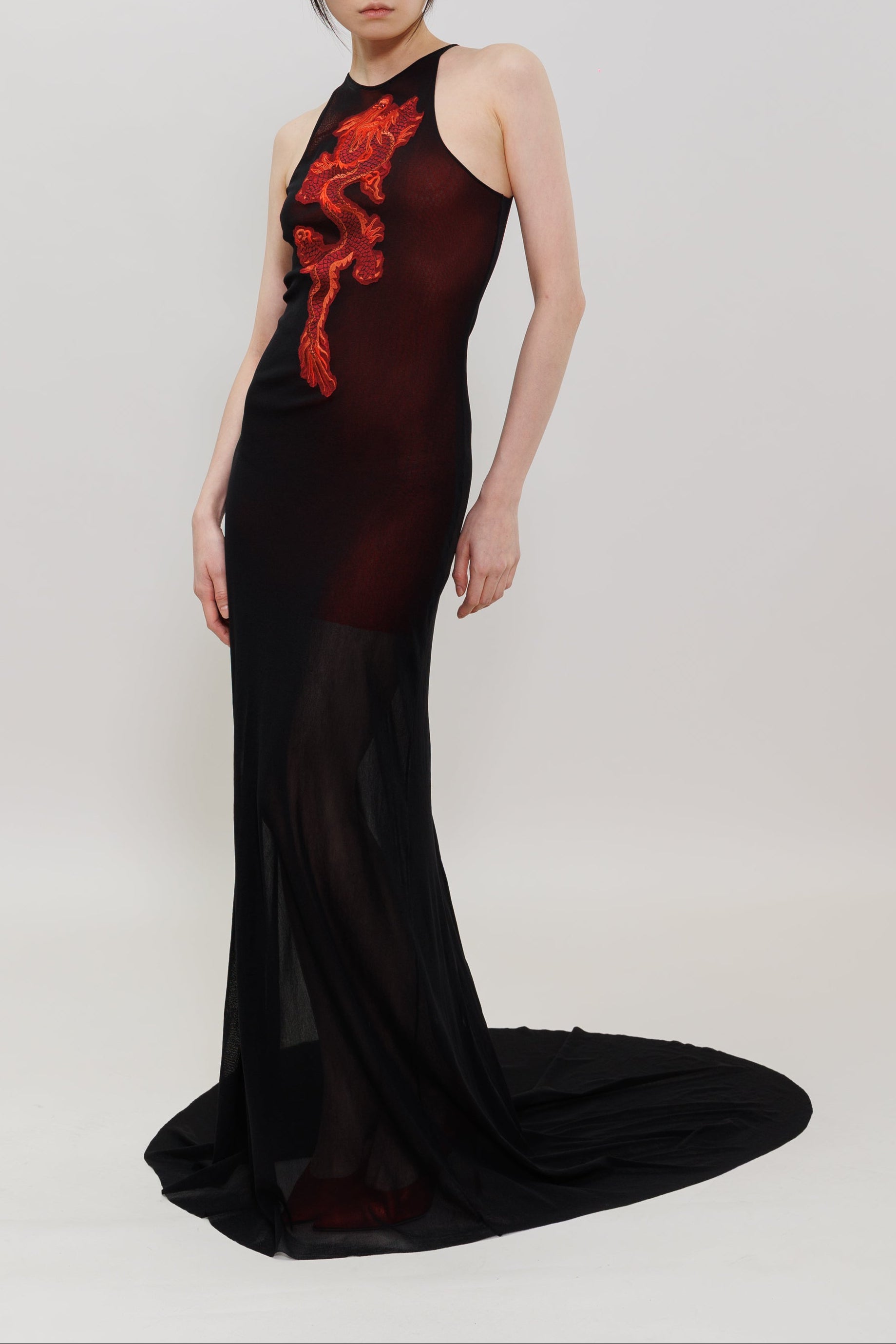 Dragon Embroidery Halter Gown