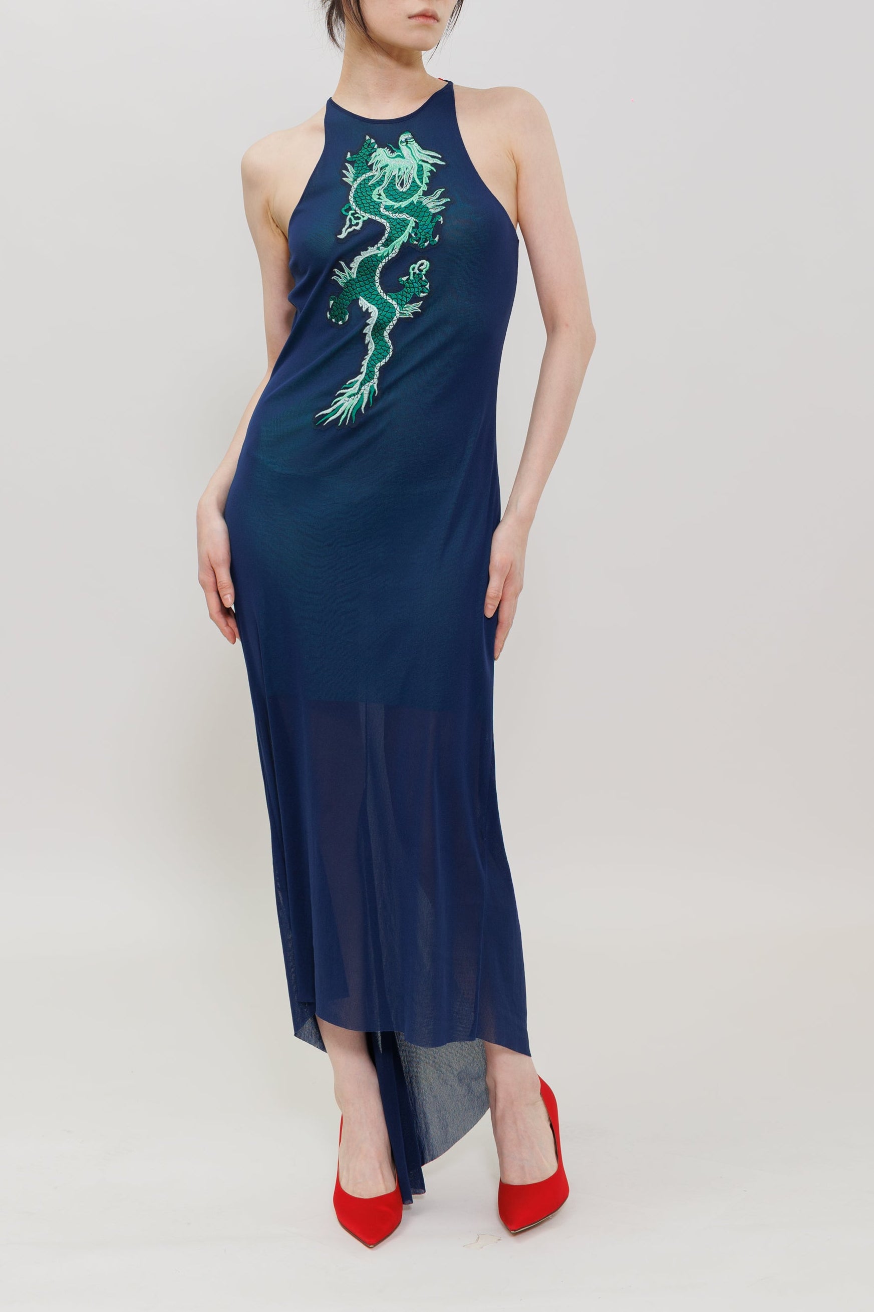 Dragon Embroidery Halter Maxi Dress