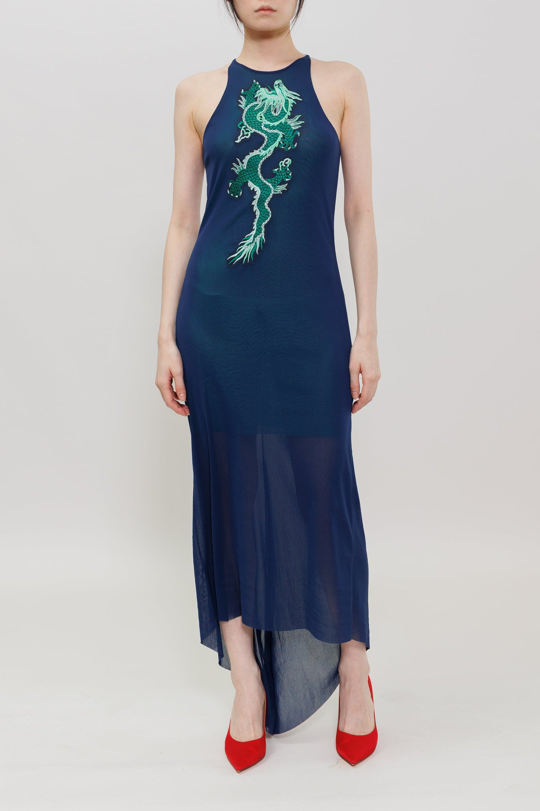 Dragon Embroidery Halter Maxi Dress