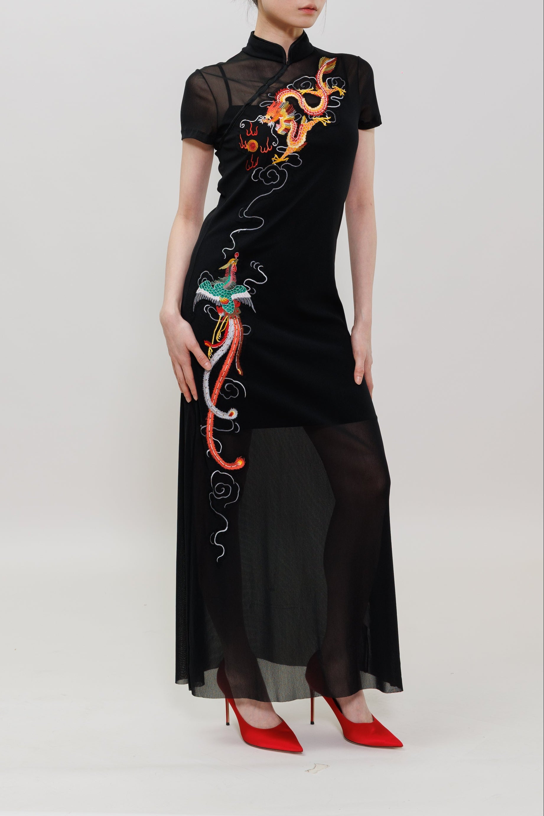 Dragon & Phoenix Embroidery Qipao Maxi Dress