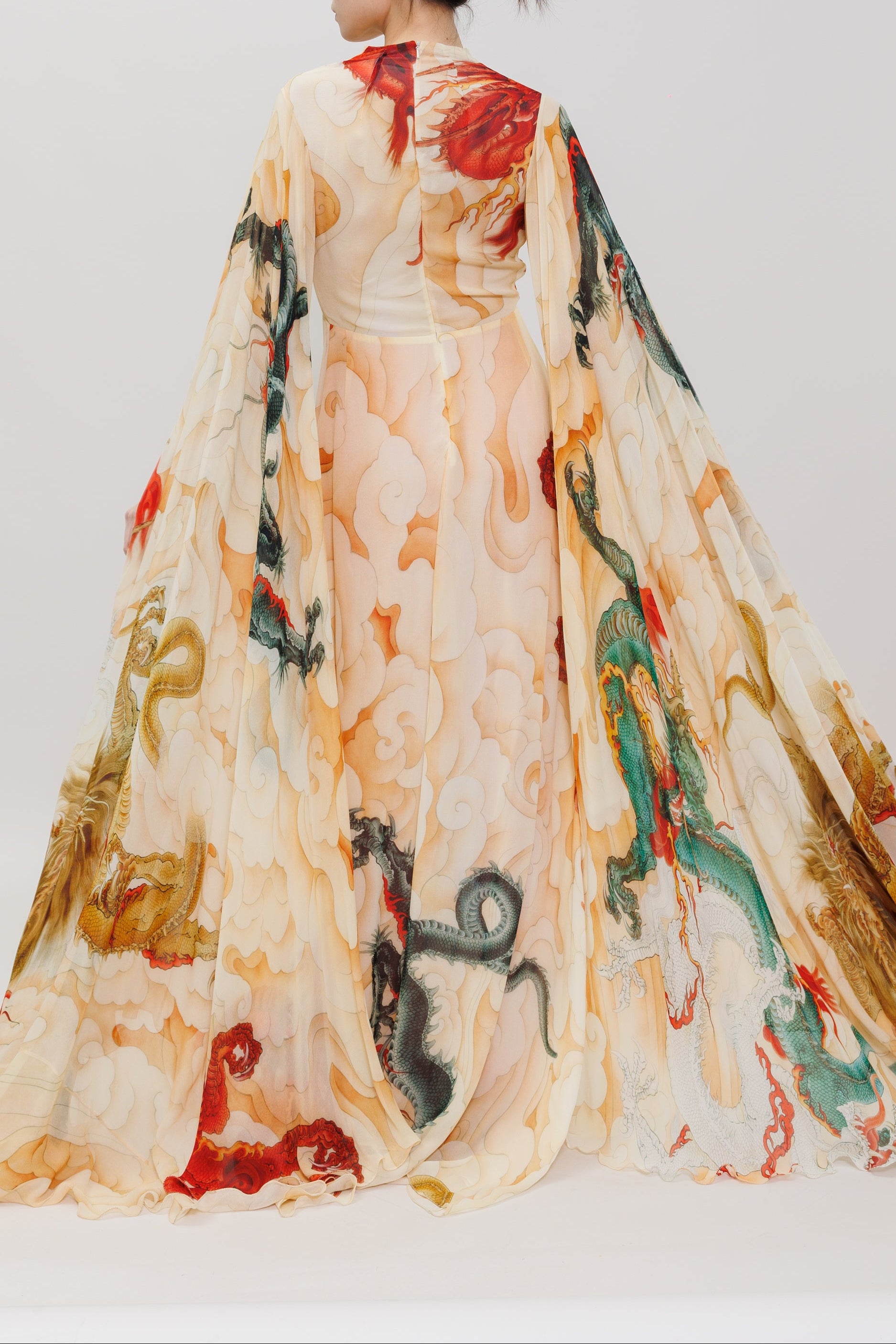Five Elements Dragon Printed Silk Chiffon Grown