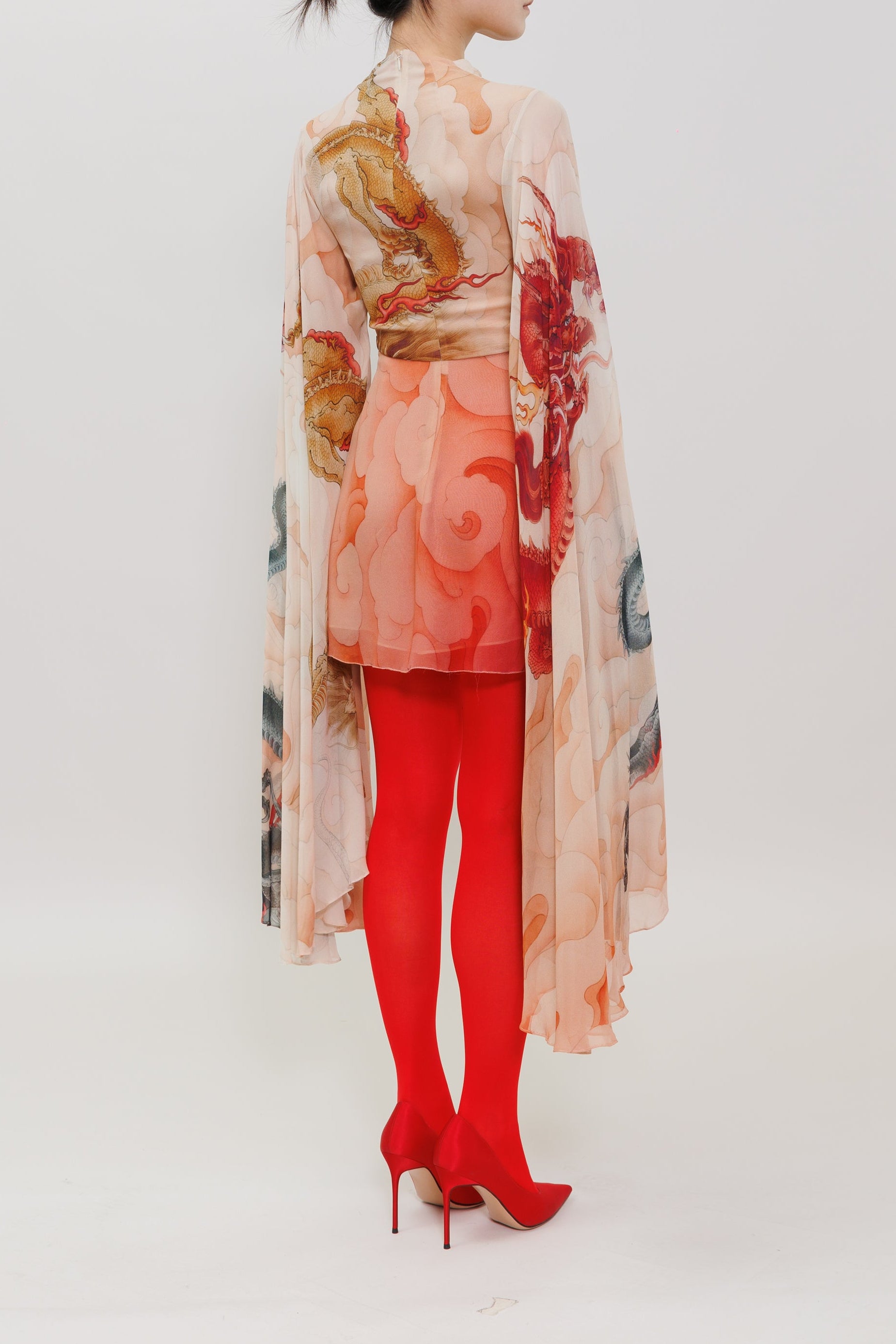 Five Elements Dragon Printed Silk Chiffon Red Mini Dress