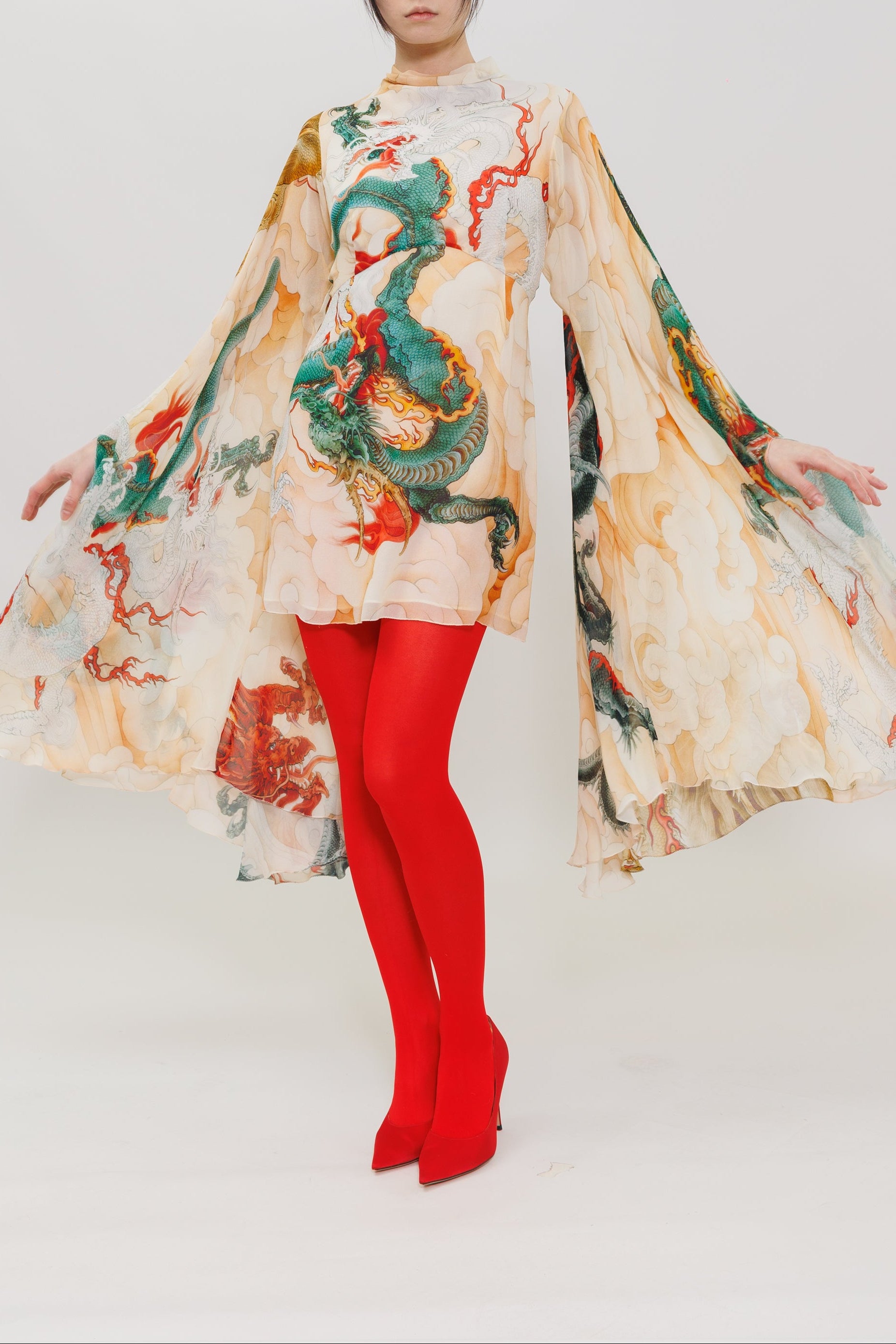 Five Elements Green Dragon Printed Silk Mini Dress