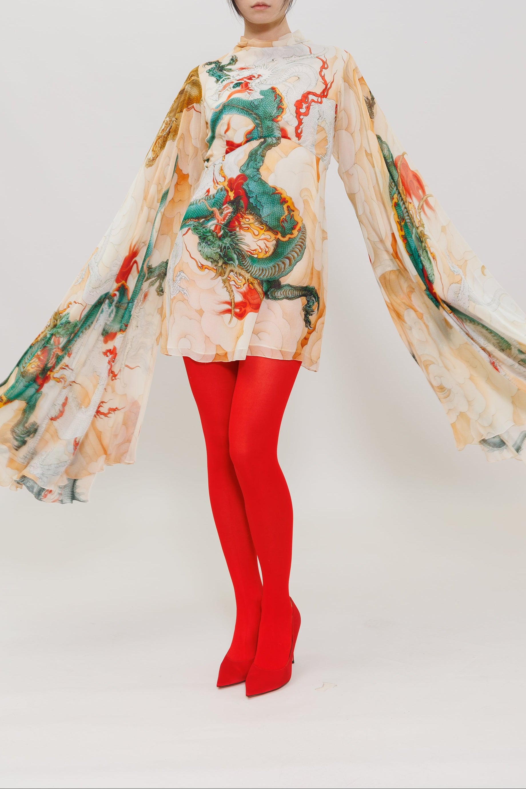 Five Elements Green Dragon Printed Silk Mini Dress