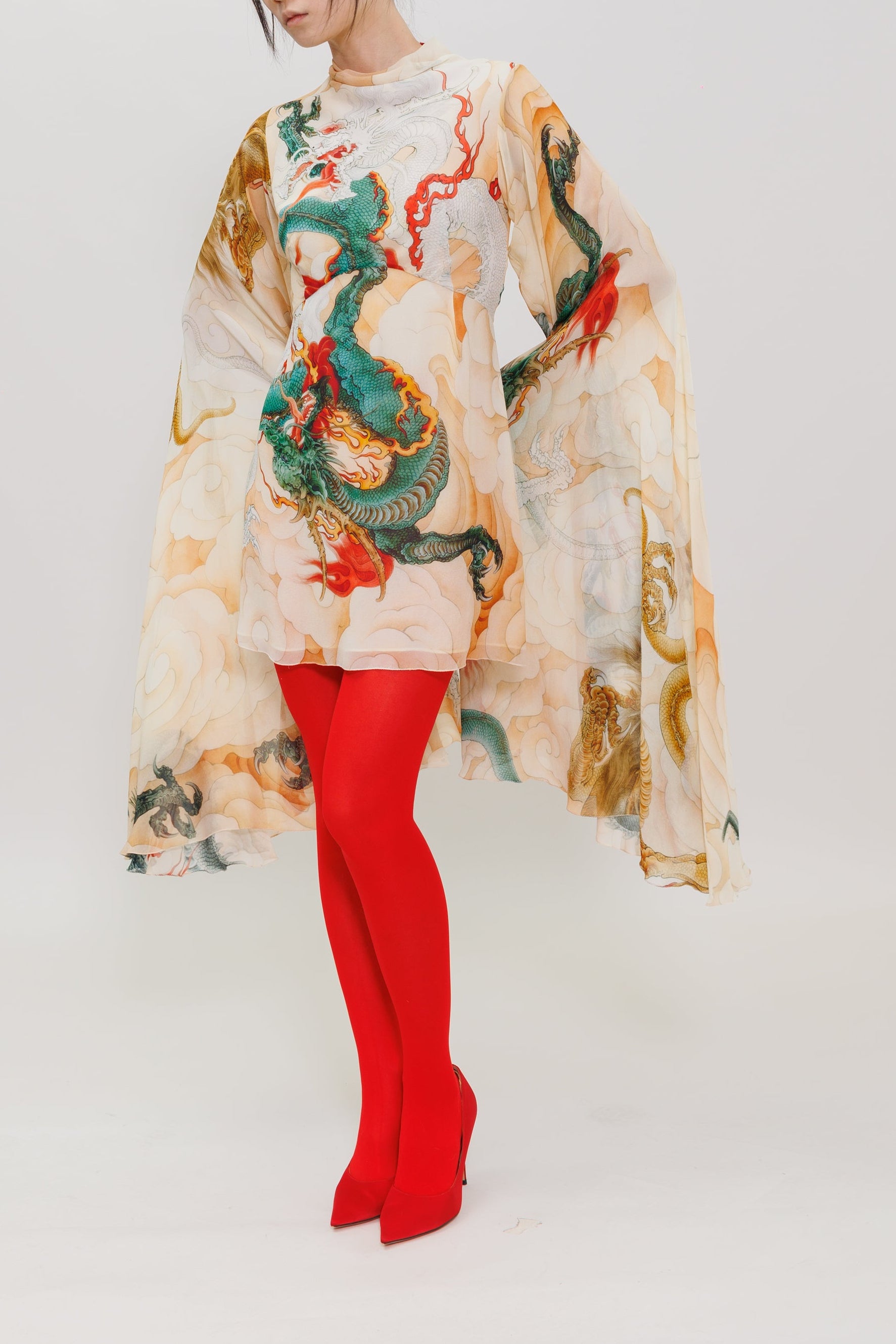 Five Elements Green Dragon Printed Silk Mini Dress