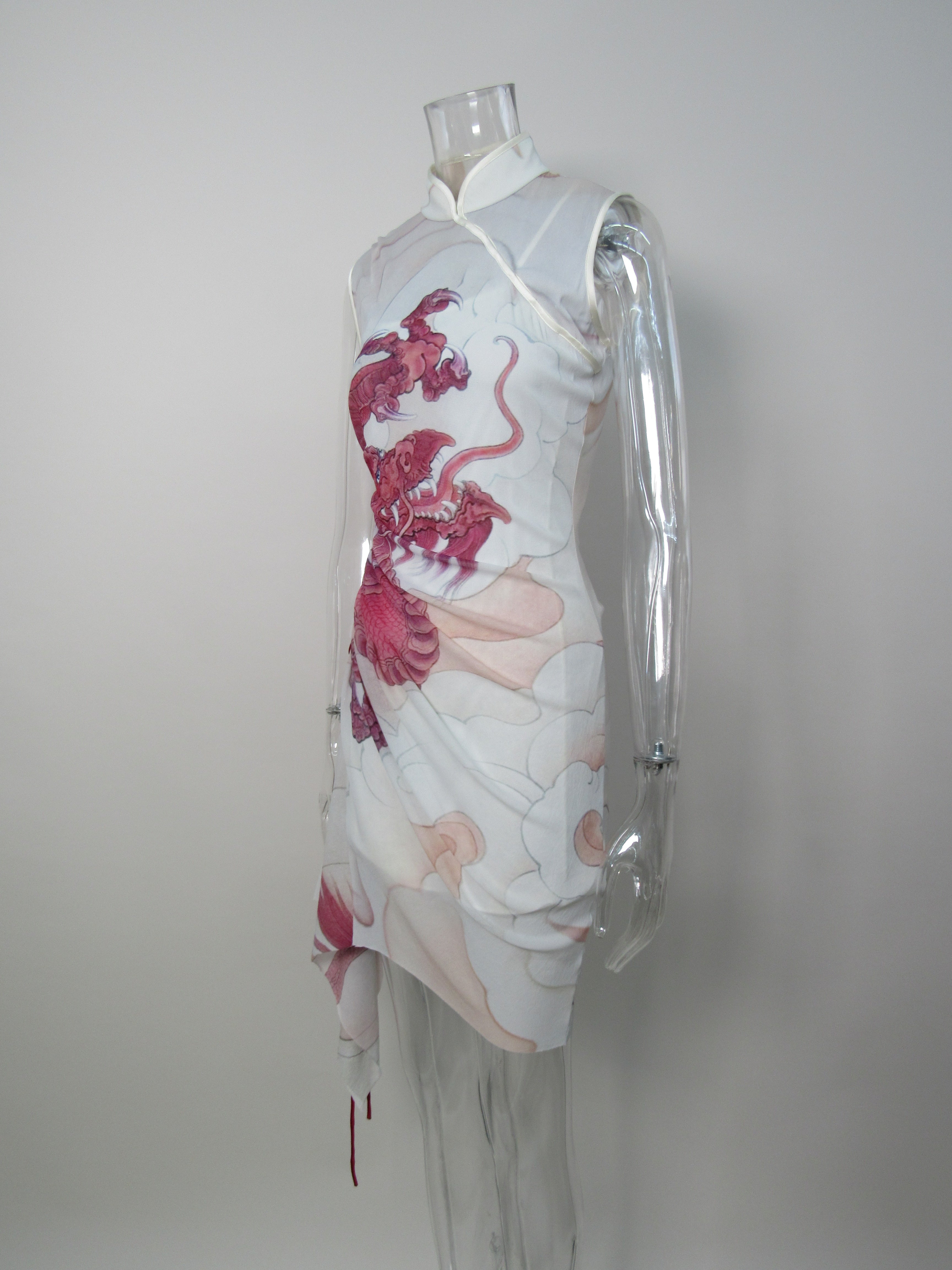 Fire Dragon Printed St Net Qipao