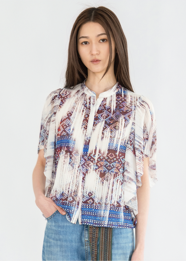 FADED LI BROCADE PRINT RUFFLED BLOUSE