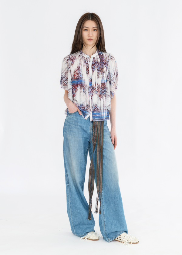 FADED LI BROCADE PRINT RUFFLED BLOUSE