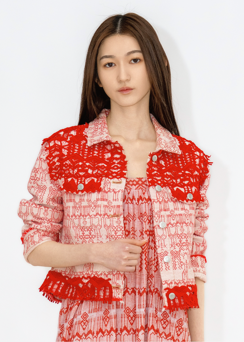 DEER JACQUARD DENIM JACKET WITH LACE