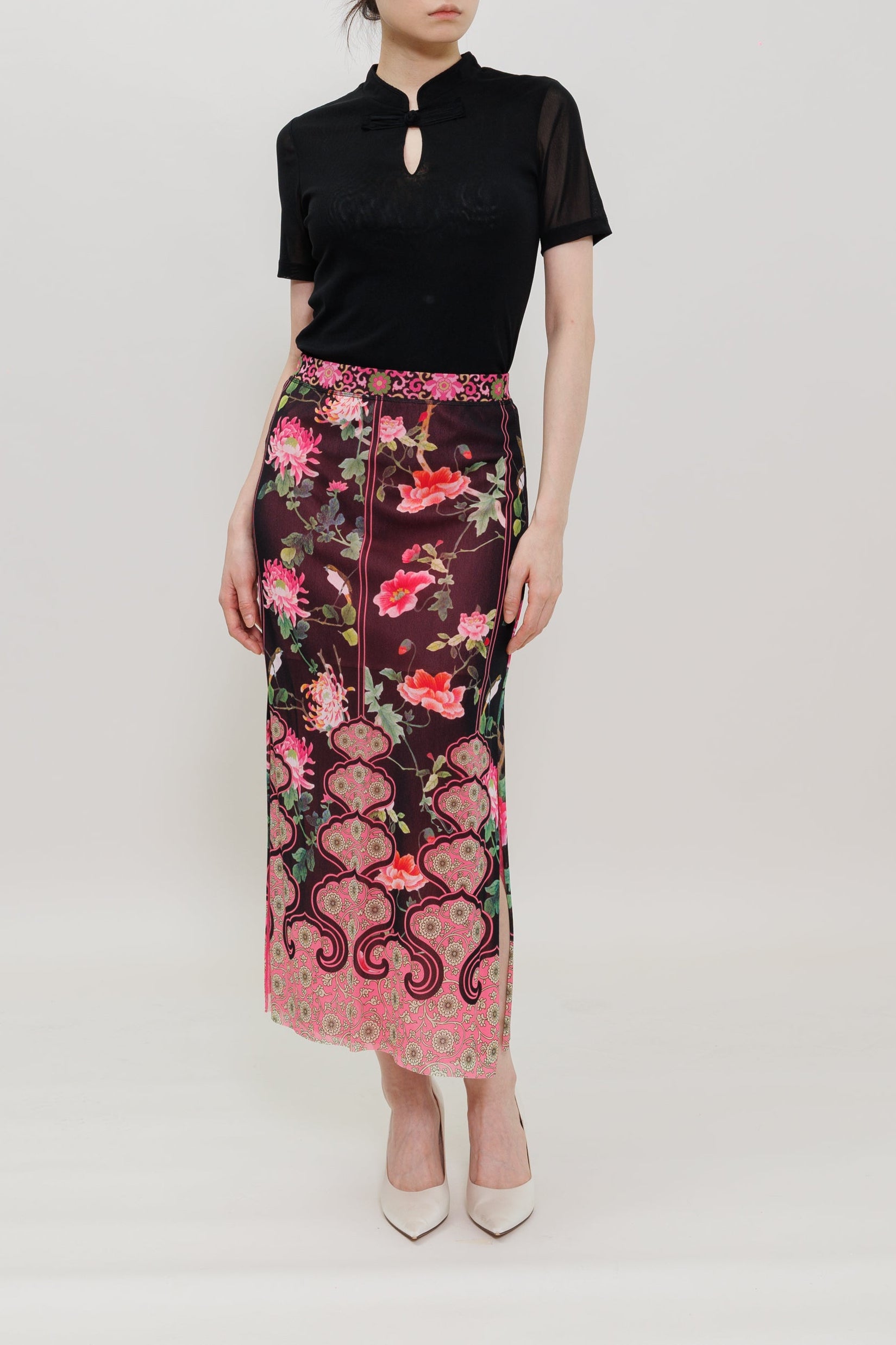 Joyful Garden Bird Print Maxi Skirt