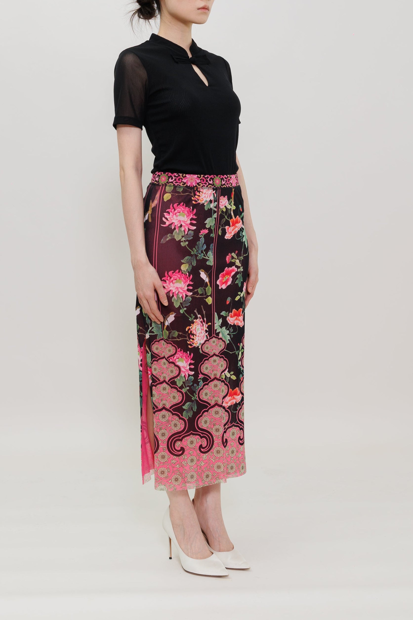 Joyful Garden Bird Print Maxi Skirt