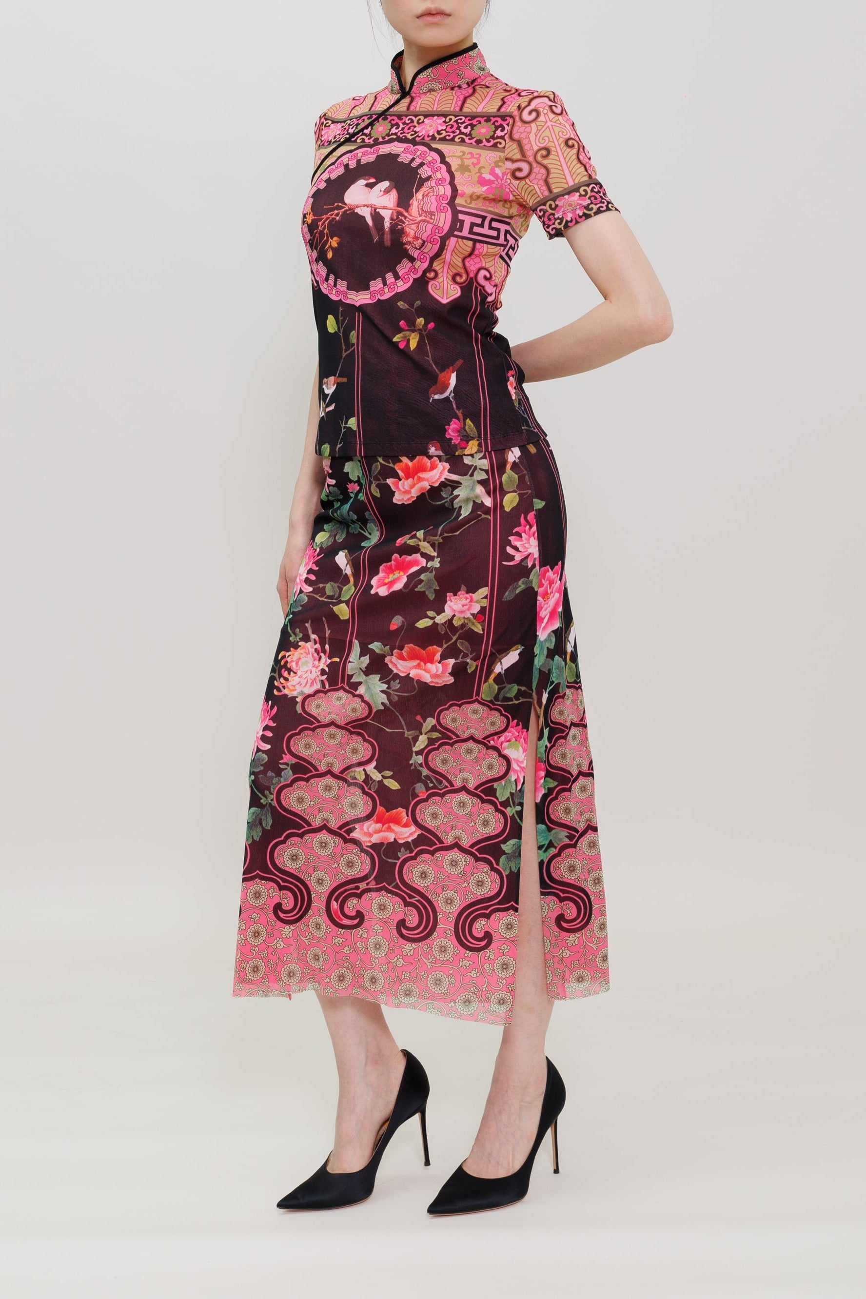 Joyful Garden Bird Print Maxi Skirt