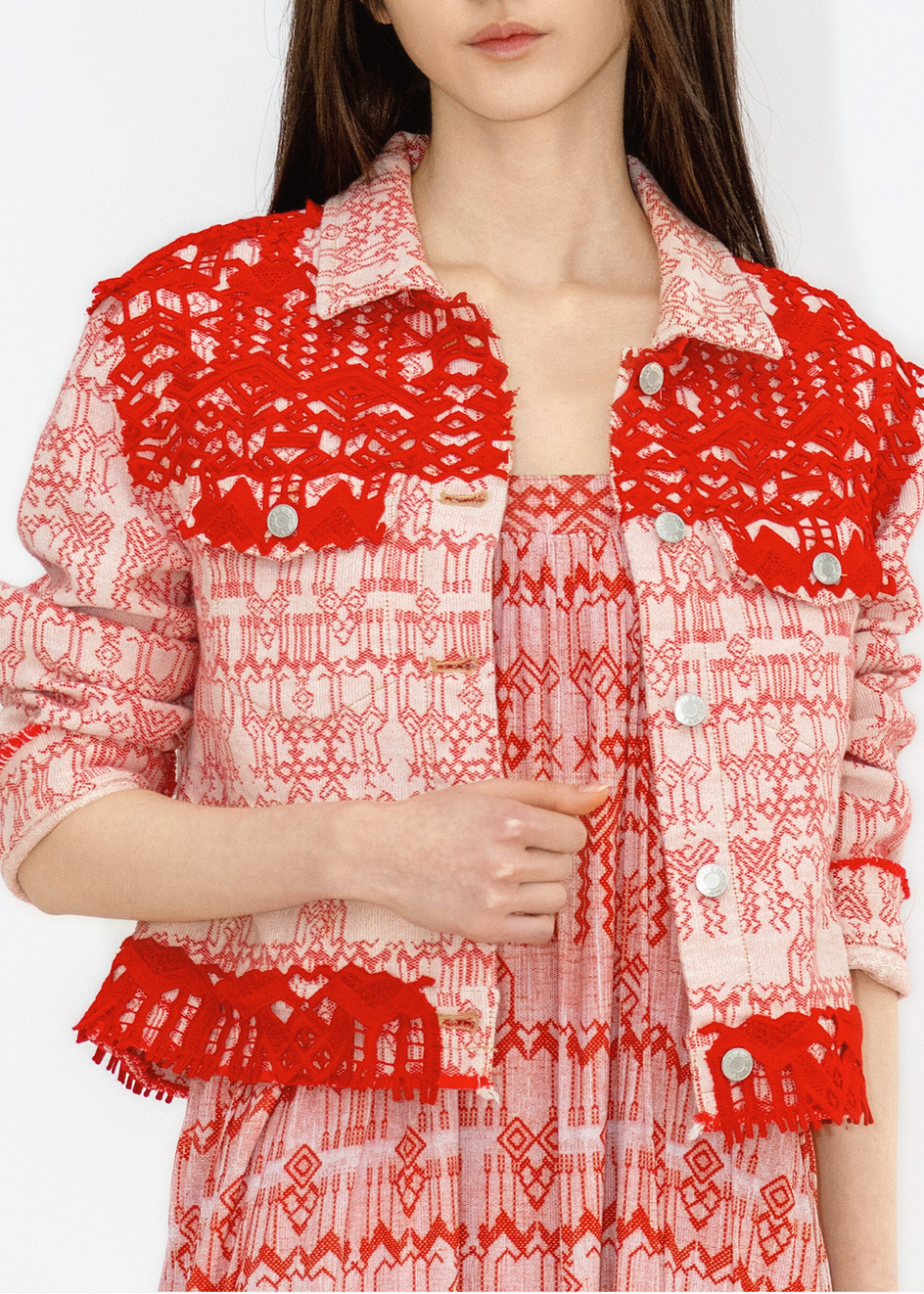 DEER JACQUARD DENIM JACKET WITH LACE