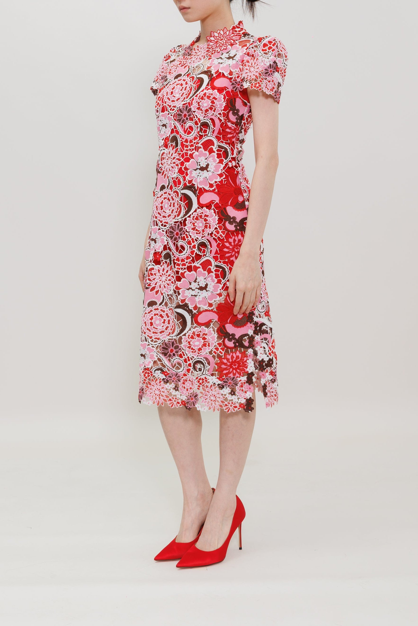 Miao Flower Lace Qipao Midi Dress