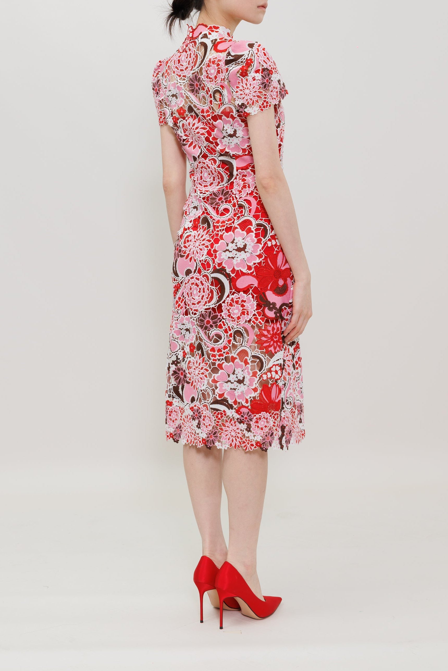 Miao Flower Lace Qipao Midi Dress