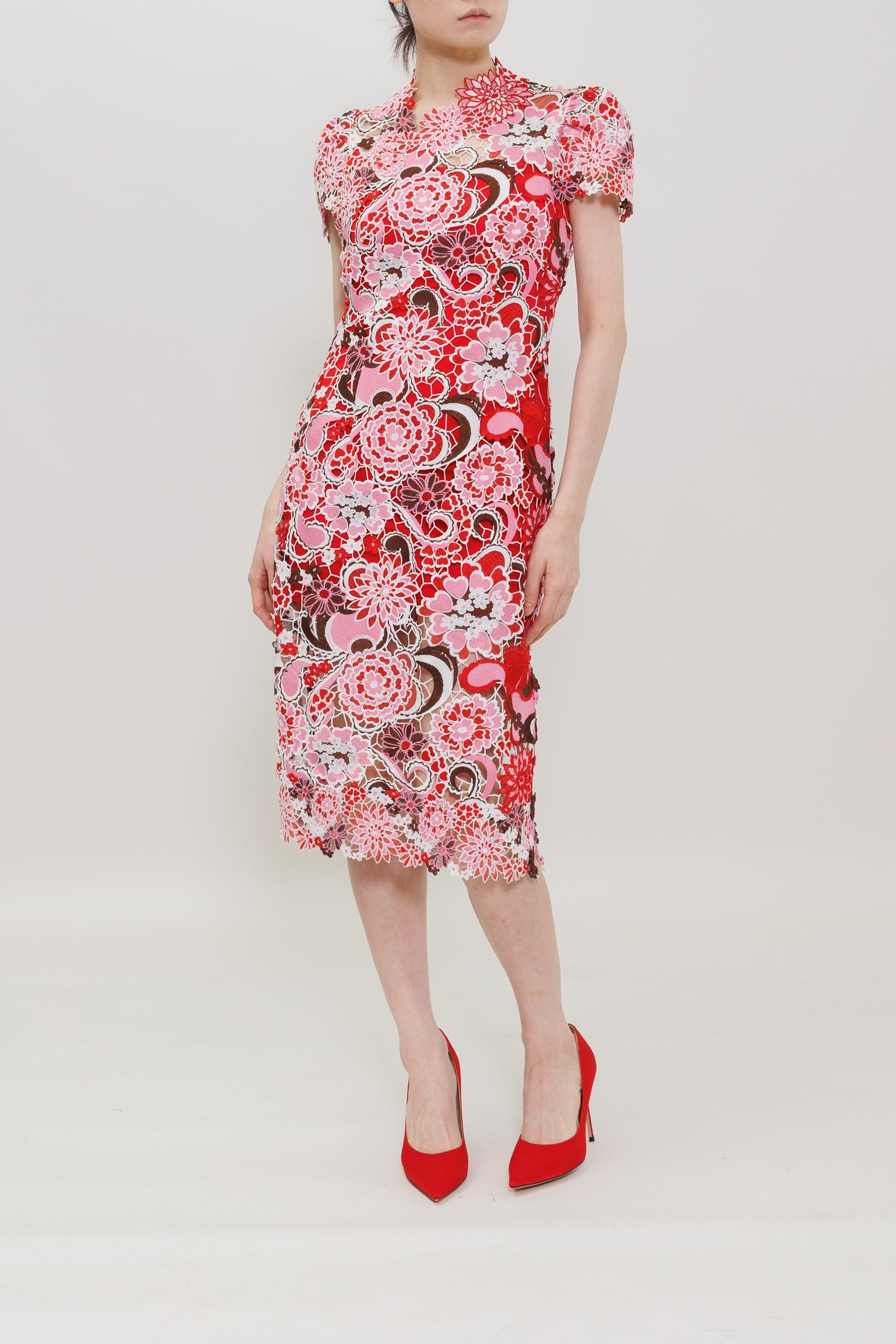 Miao Flower Lace Qipao Midi Dress