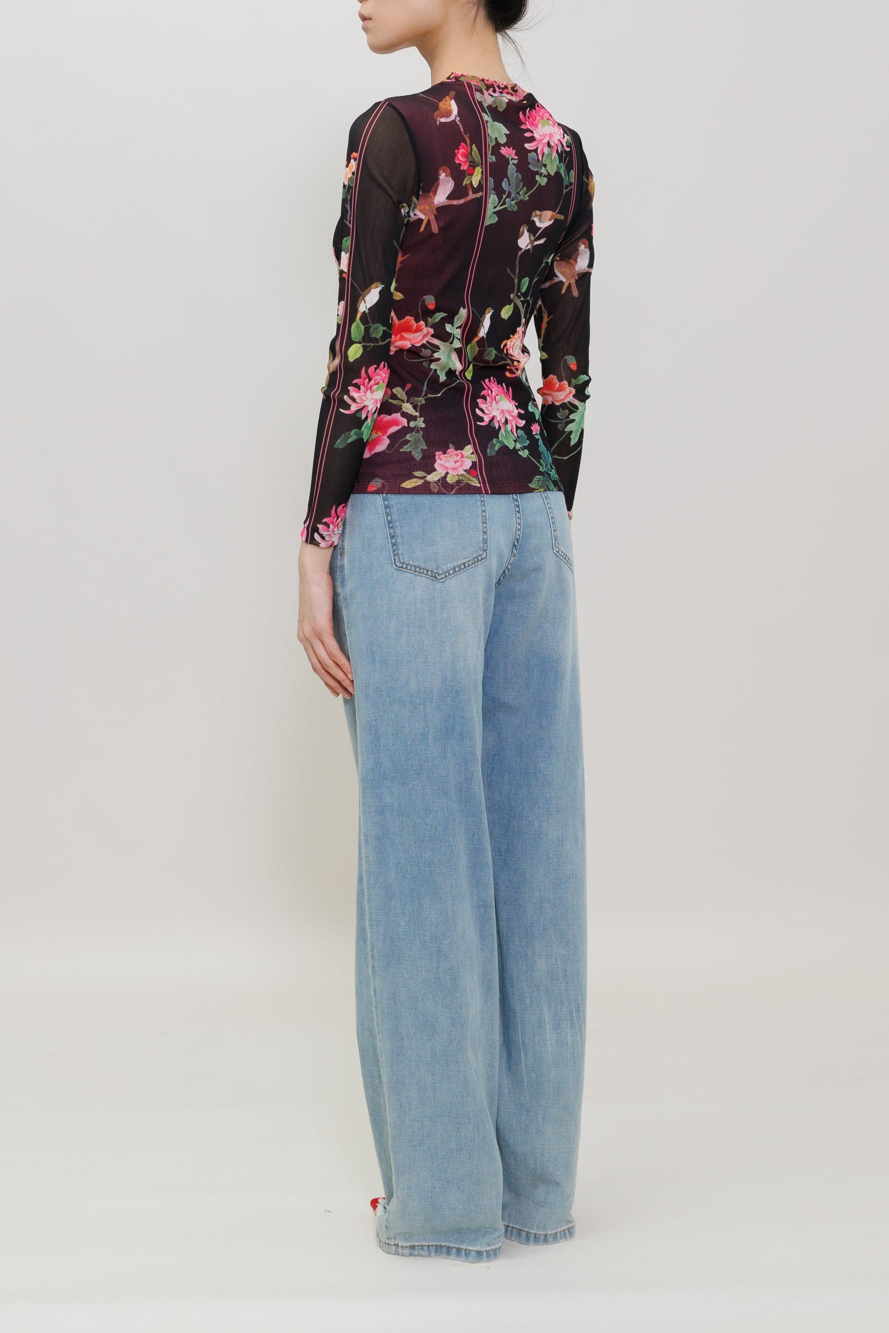 Peony & Butterfly Print Long Sleeve Top