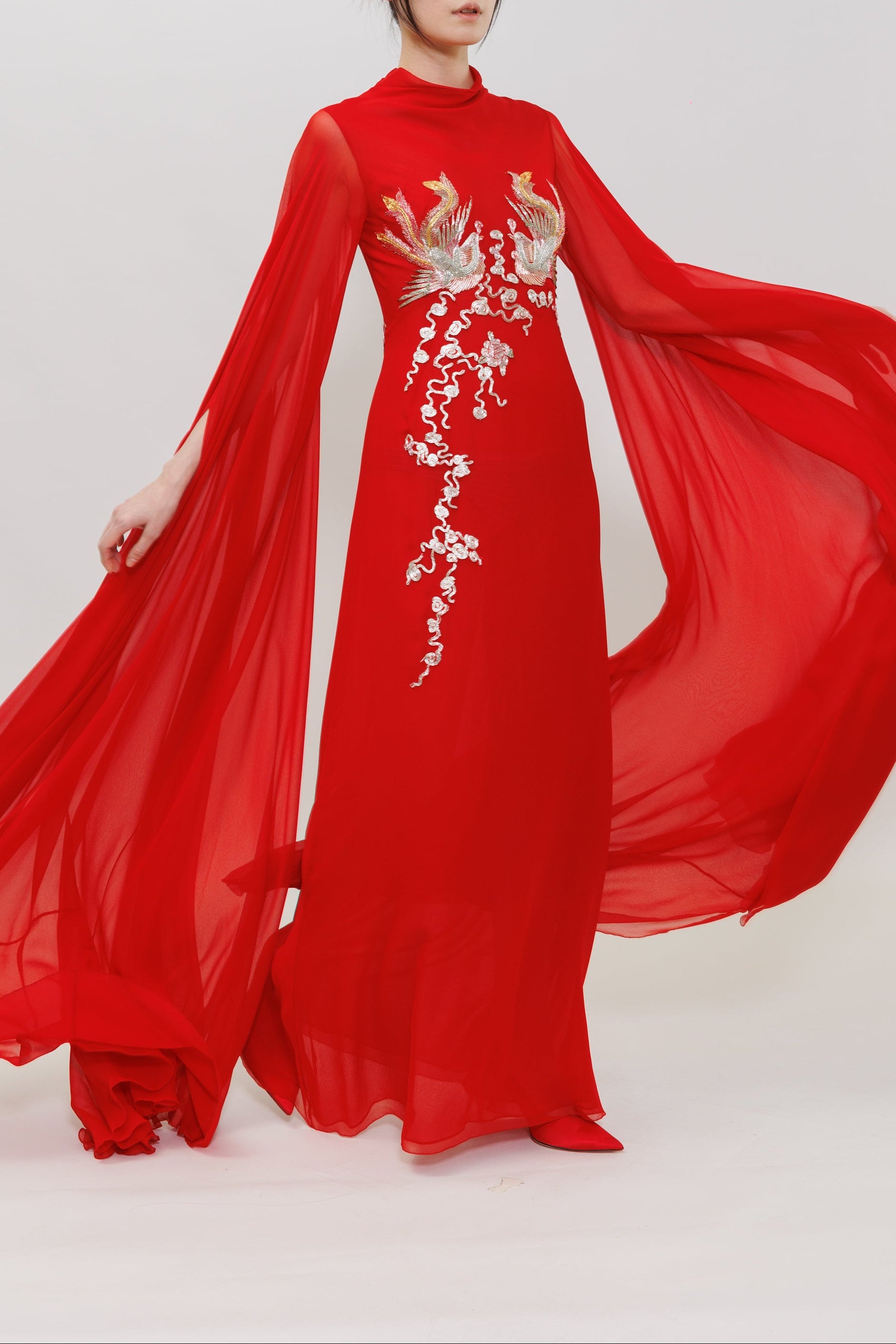 Phoenix Embroidery Silk Chiffon Gown