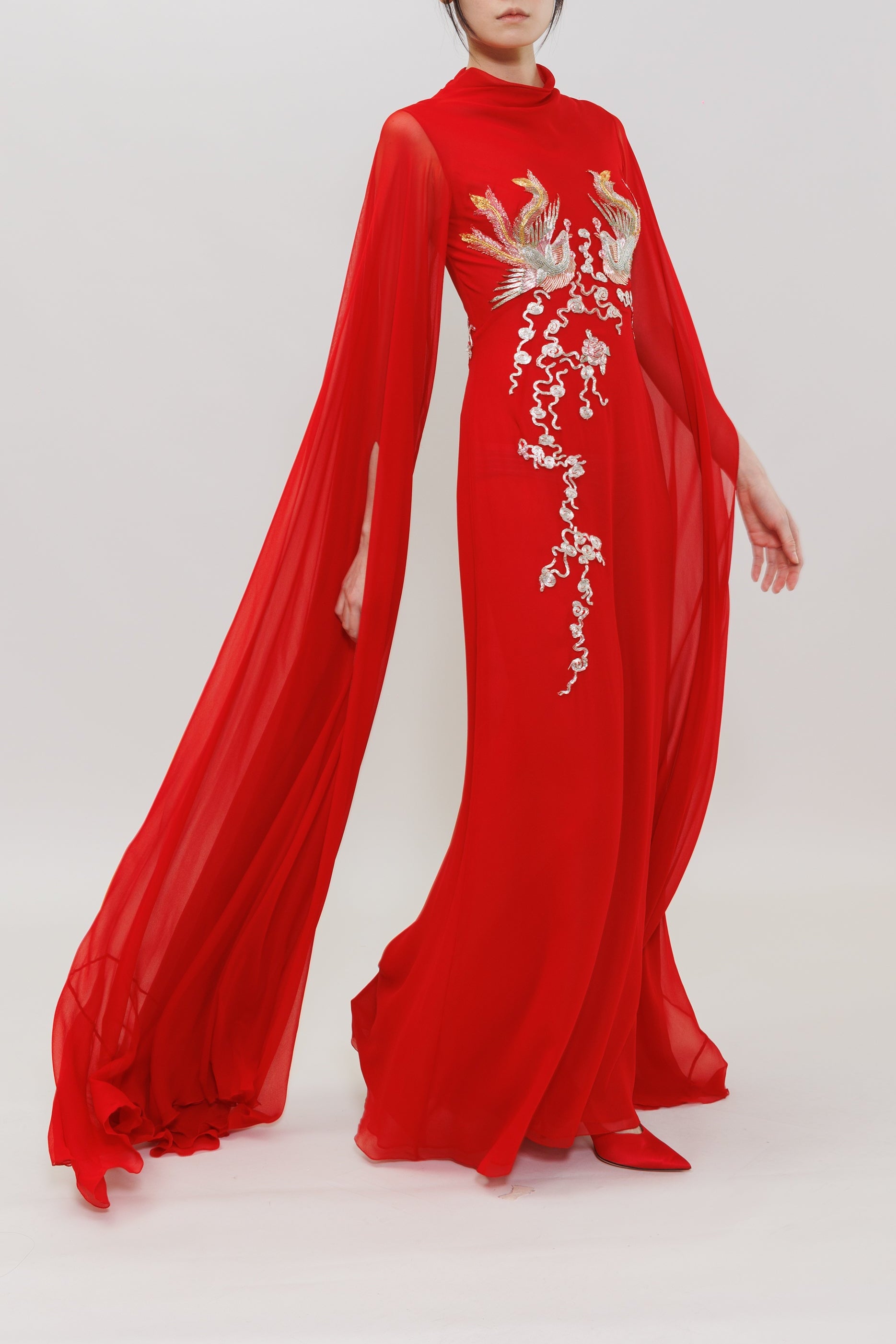 Phoenix Embroidery Silk Chiffon Gown