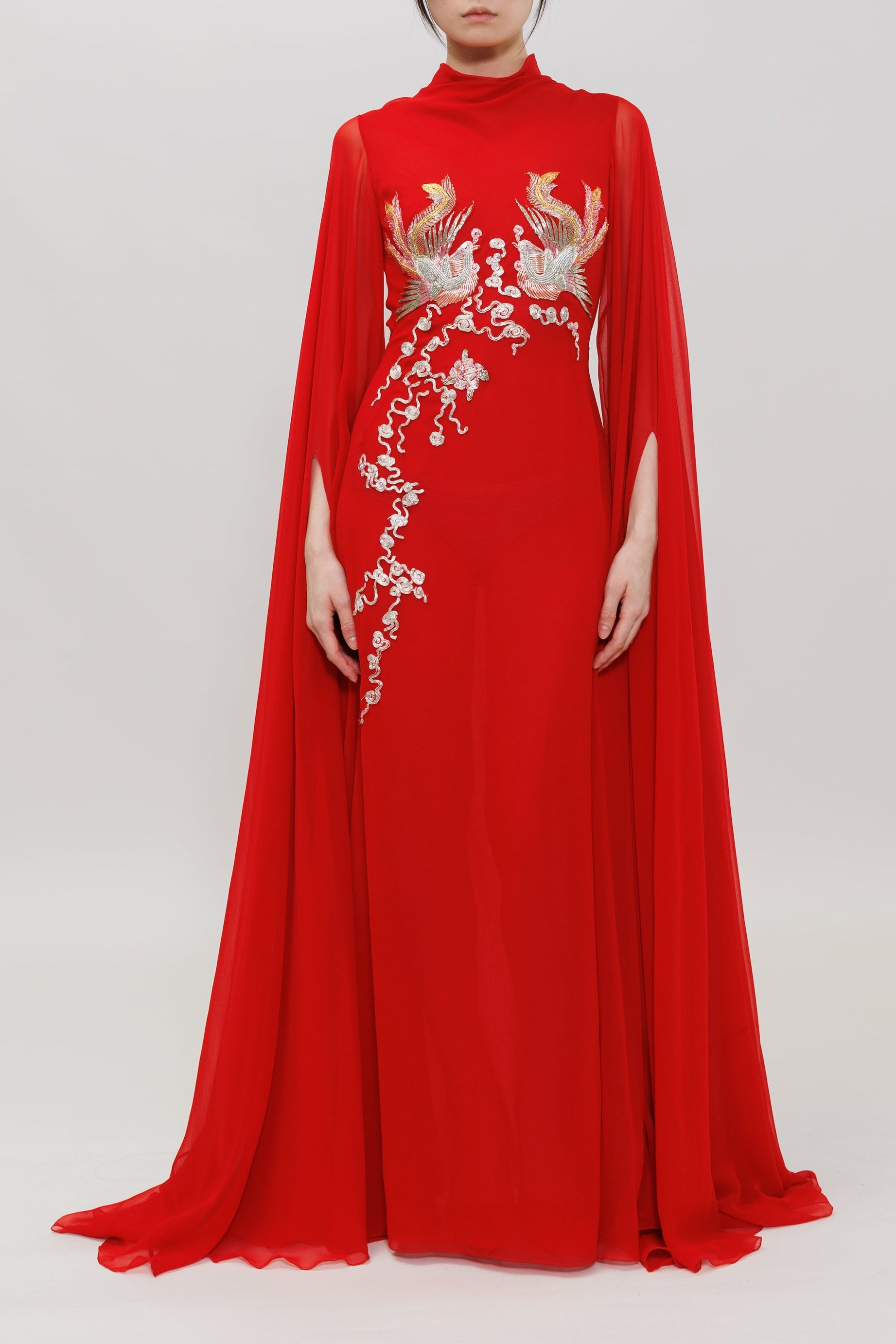 Phoenix Embroidery Silk Chiffon Gown