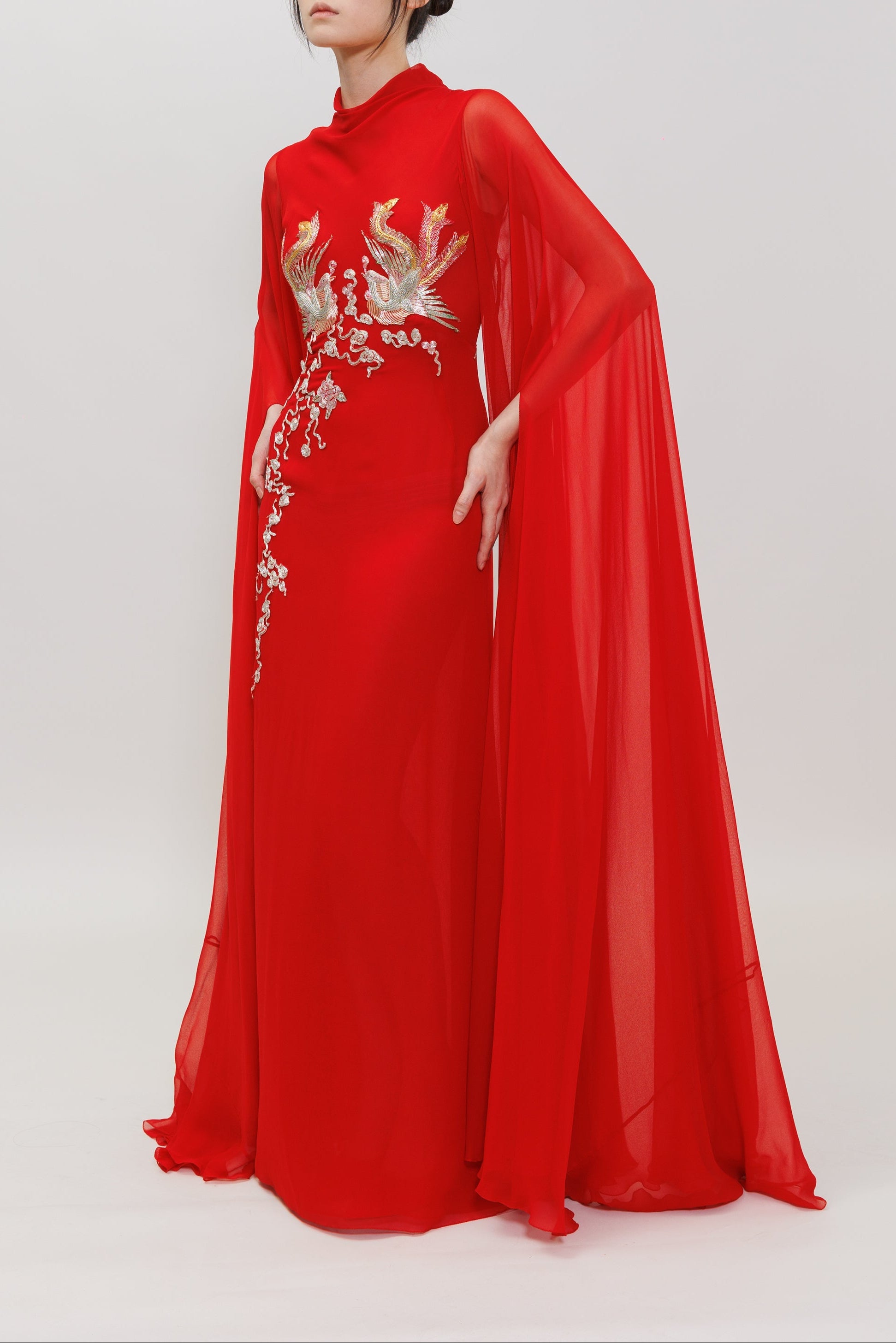 Phoenix Embroidery Silk Chiffon Gown