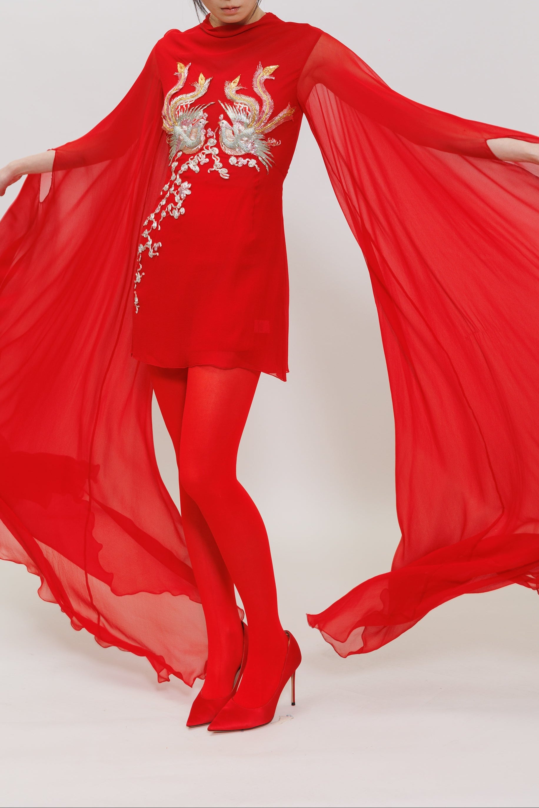 Phoenix Embroidery Silk Chiffon Mini Gown