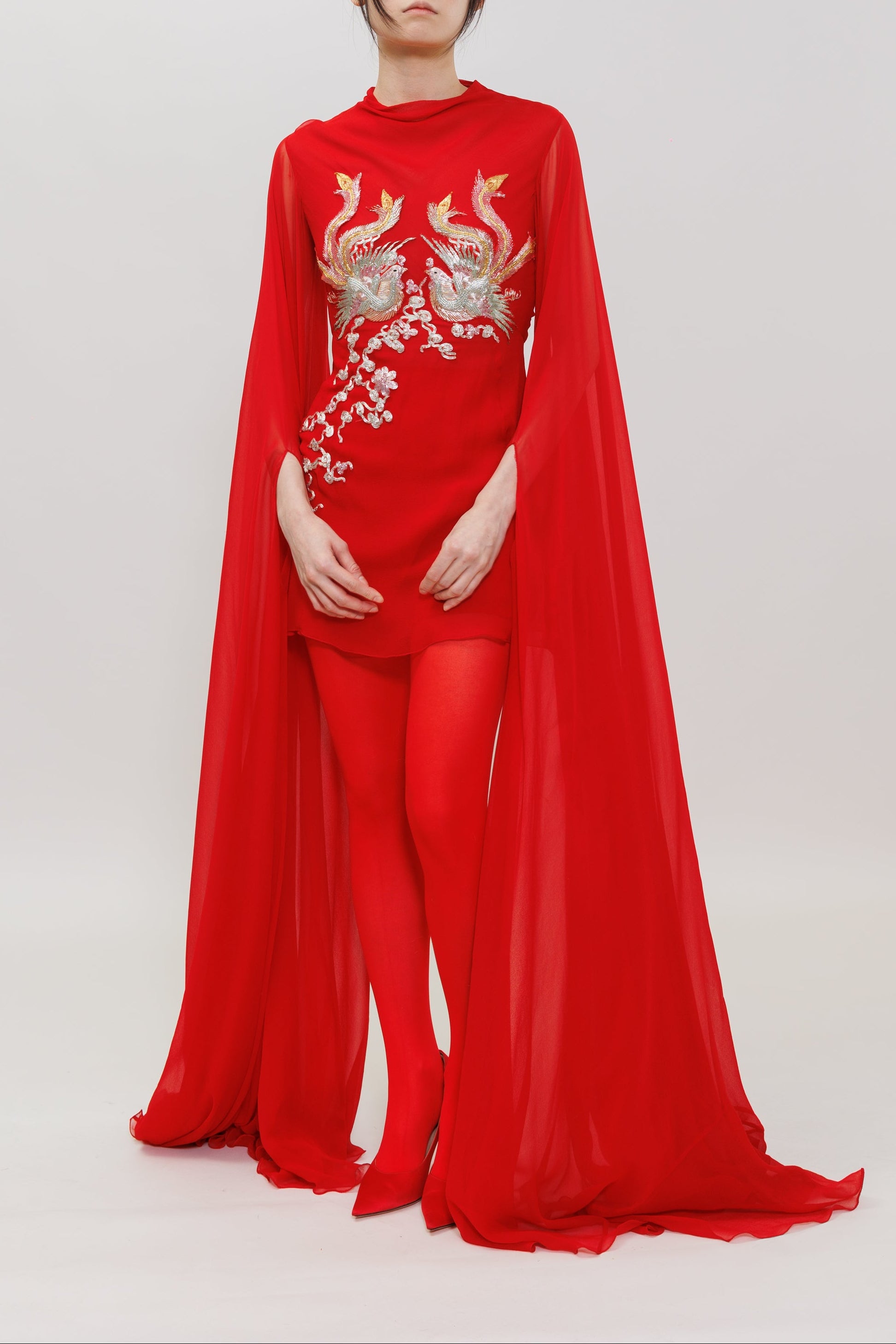 Phoenix Embroidery Silk Chiffon Mini Gown