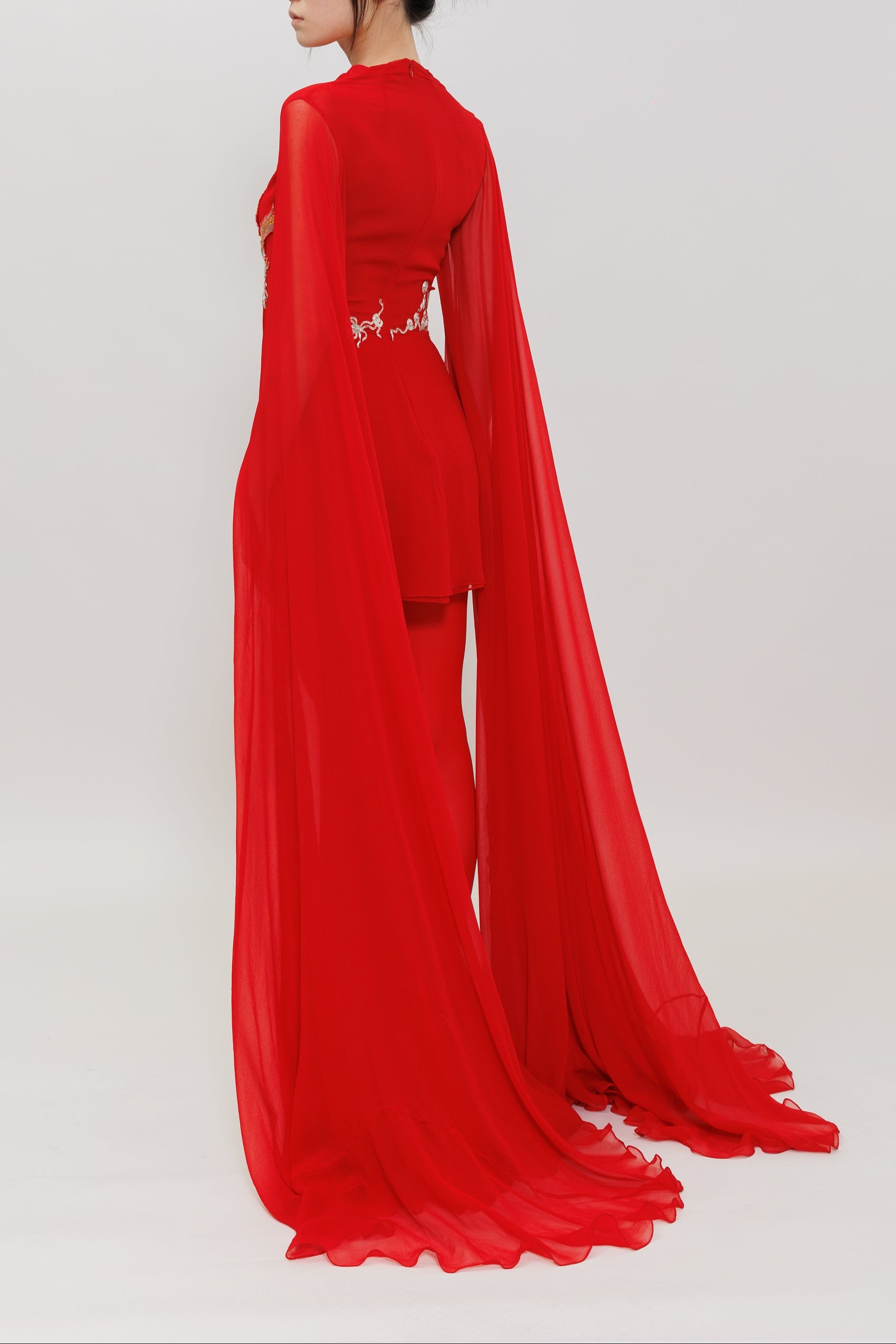 Phoenix Embroidery Silk Chiffon Mini Gown