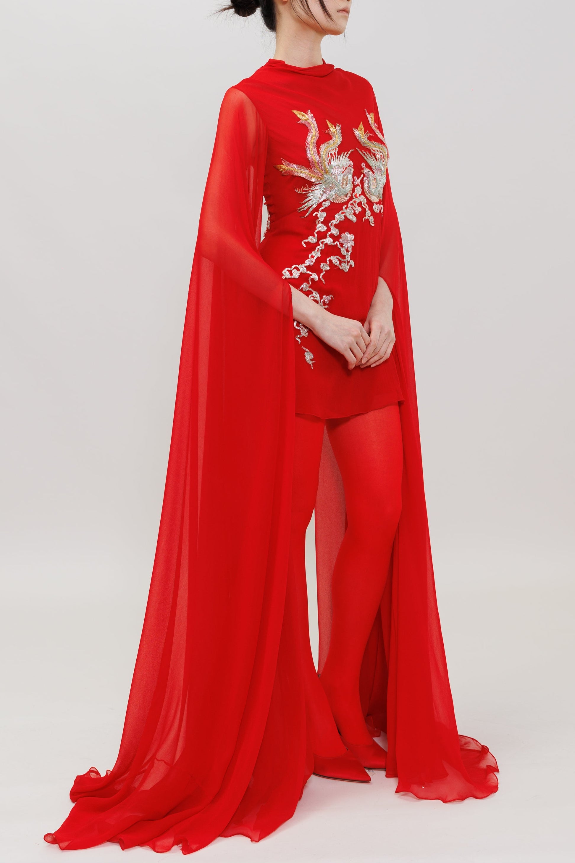 Phoenix Embroidery Silk Chiffon Mini Gown