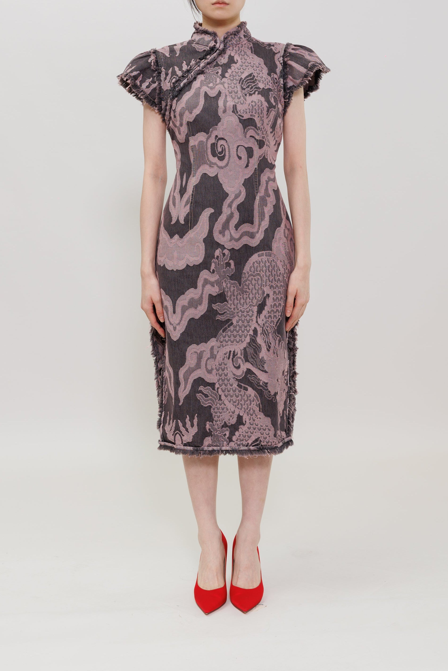 Giant Dragon Jacquard Denim Qipao Midi Dress