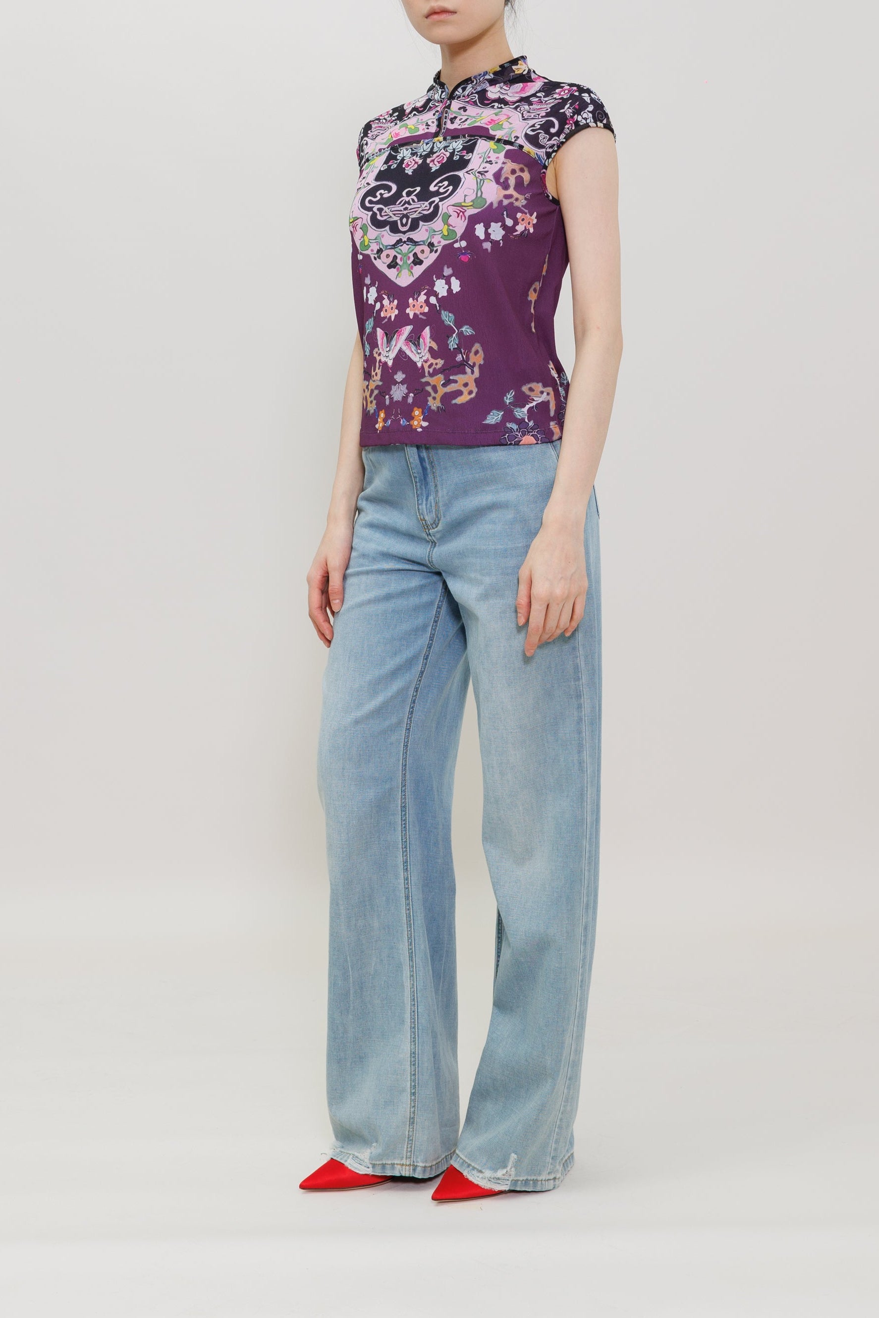 Plum Color Butterfly Garden Print Qipao Top