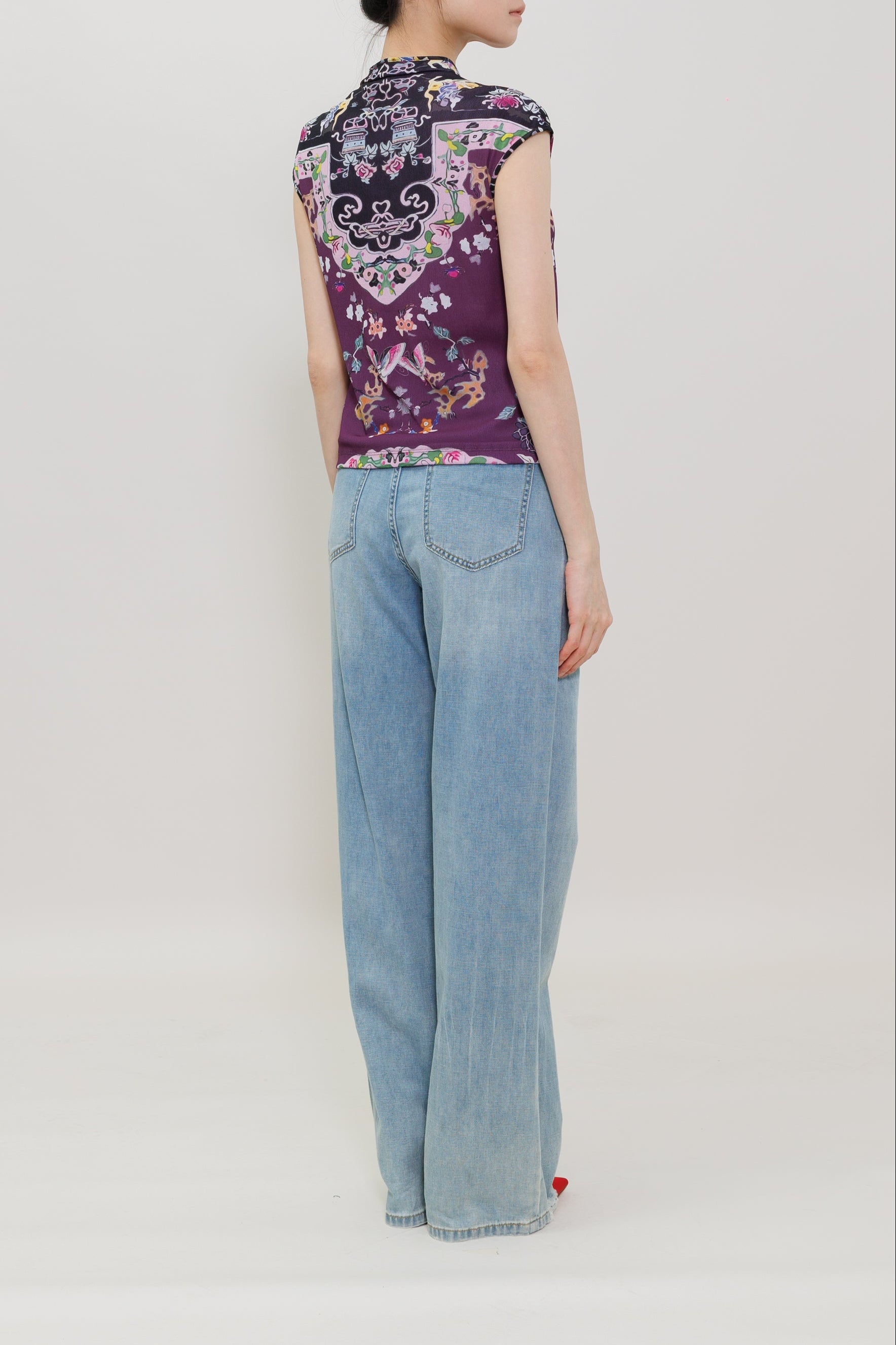 Plum Color Butterfly Garden Print Qipao Top