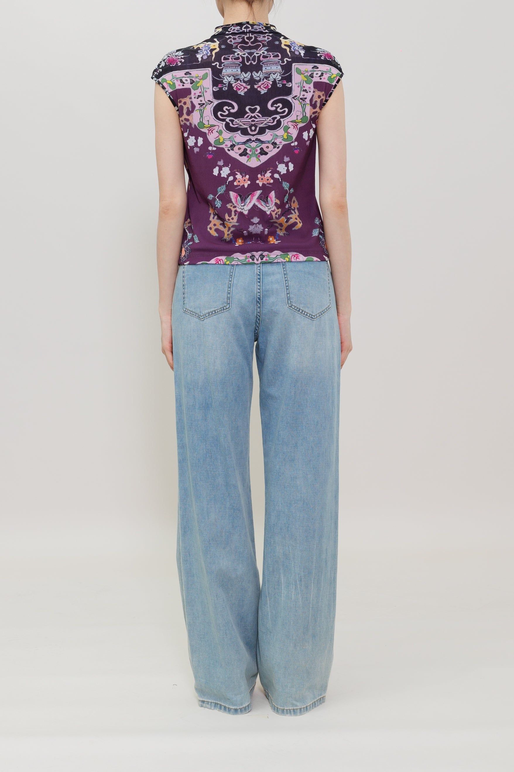 Plum Color Butterfly Garden Print Qipao Top