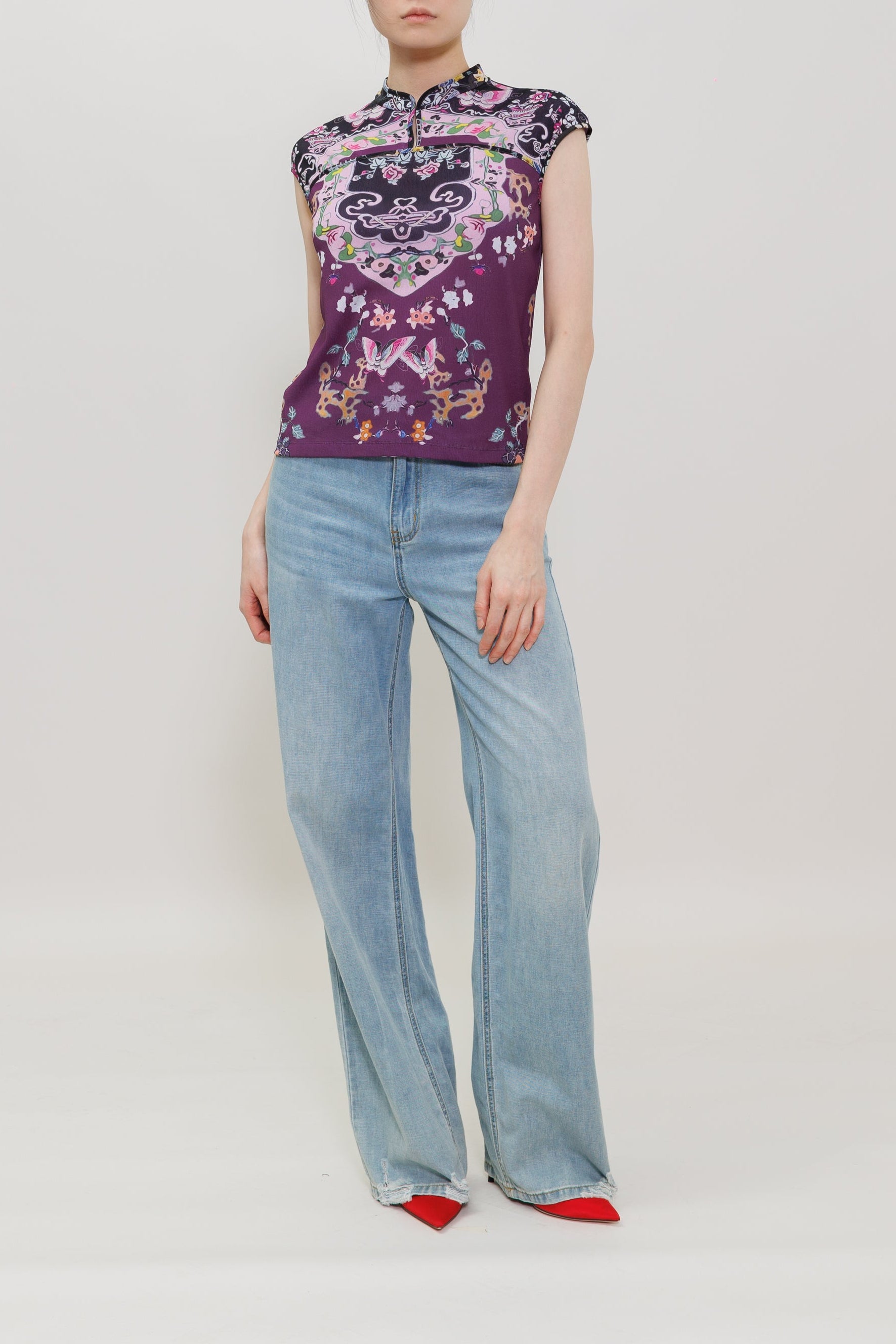 Plum Color Butterfly Garden Print Qipao Top