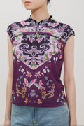 Plum Color Butterfly Garden Print Qipao Top