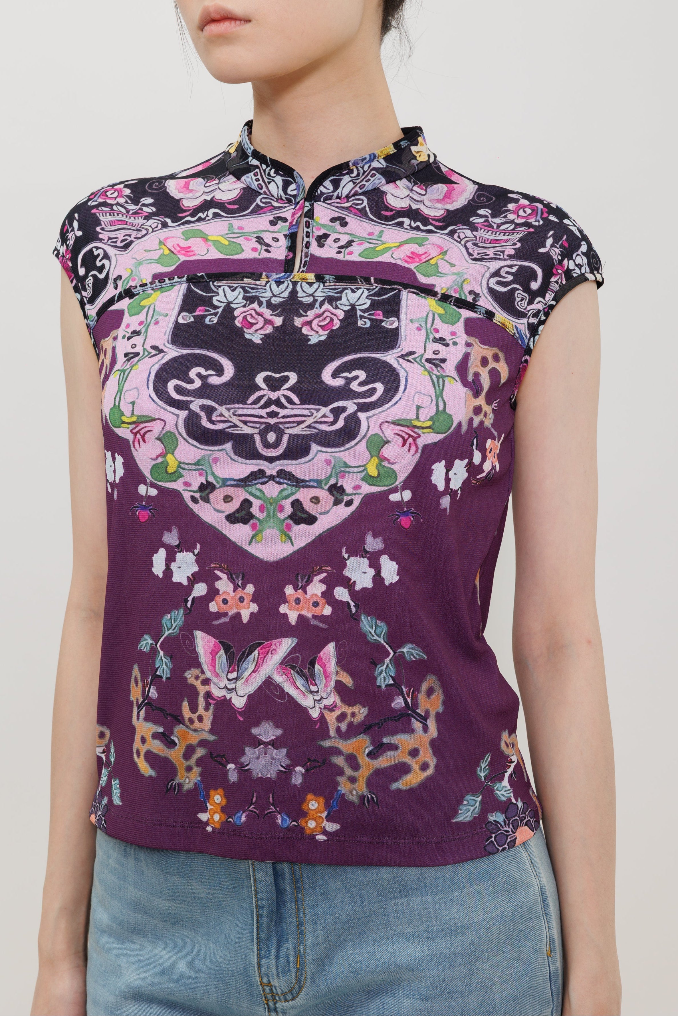 Plum Color Butterfly Garden Print Qipao Top