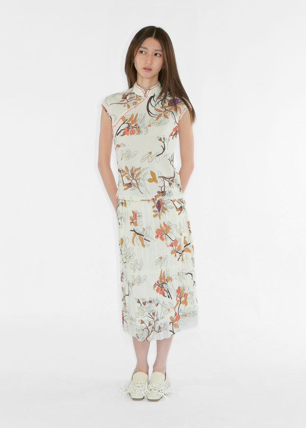 FLORAL INLAY SHIRRED SKIRT
