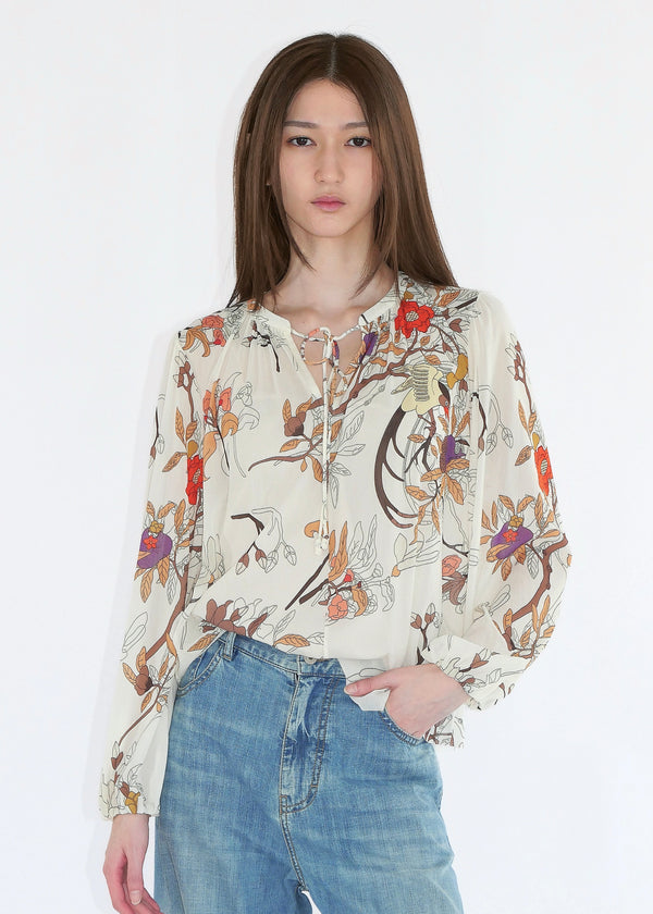 FLORAL INLAY DRAWSTRING BLOUSE