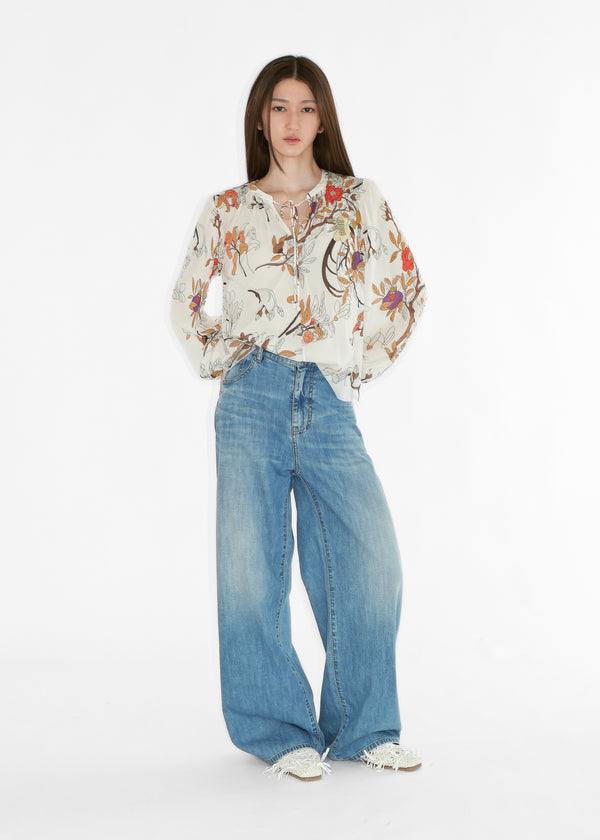 FLORAL INLAY DRAWSTRING BLOUSE