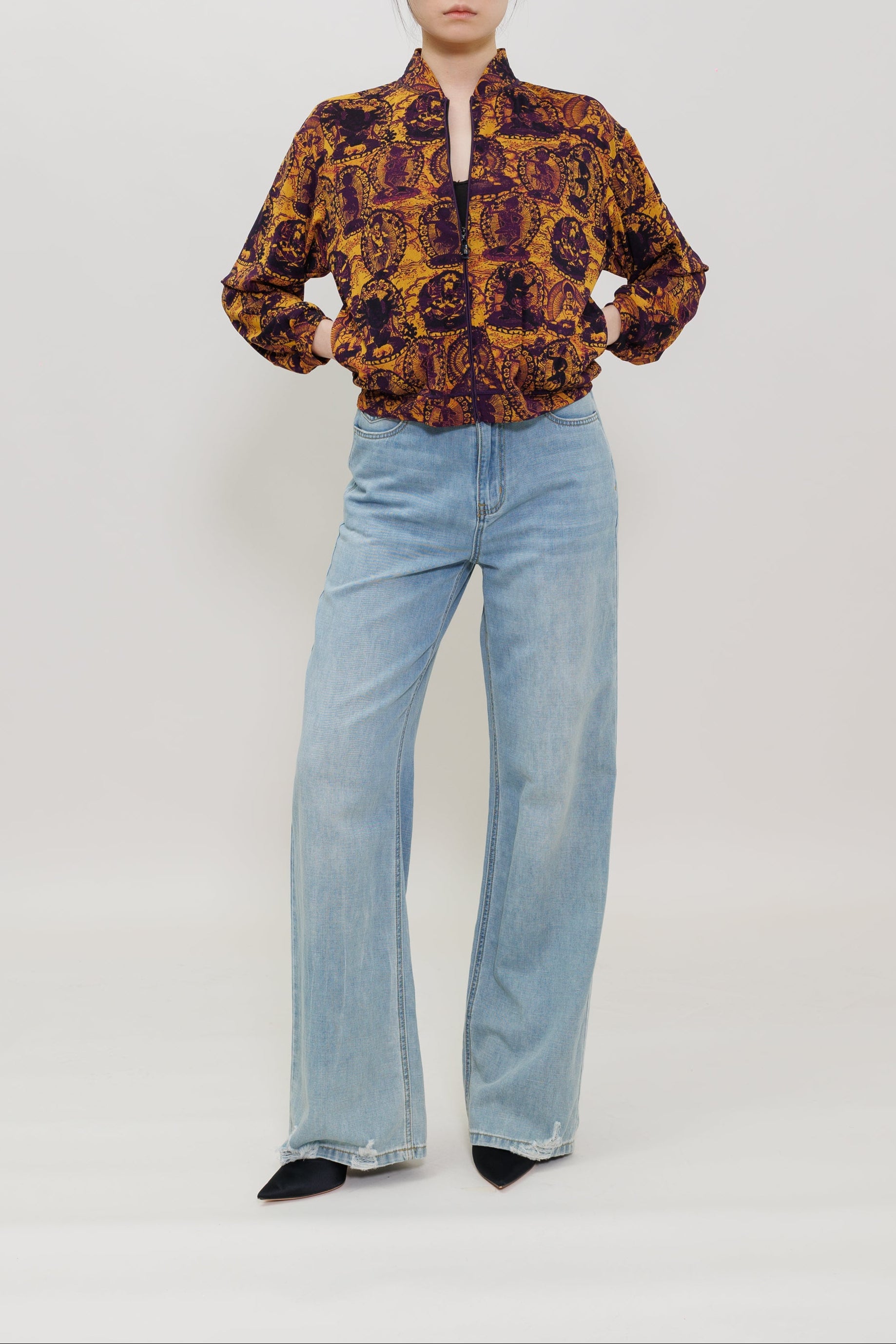 Tanka Buddha Print Mesh Bomber Jacket