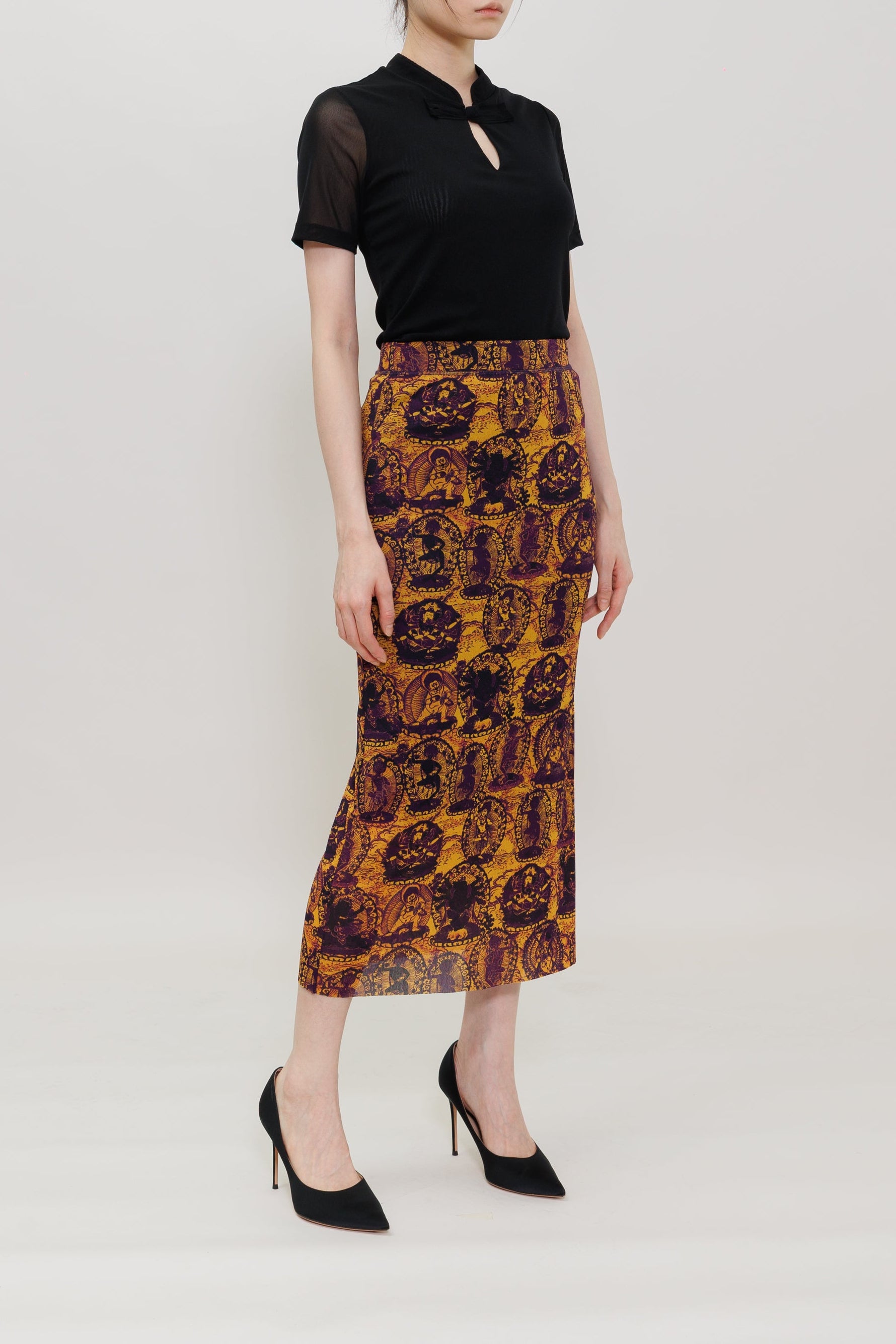 Tanka Buddha Print Midi Skirt