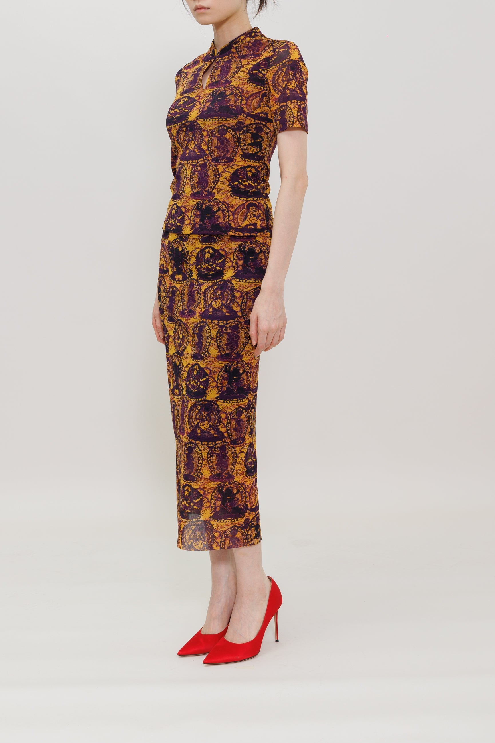 Tanka Buddha Print Midi Skirt