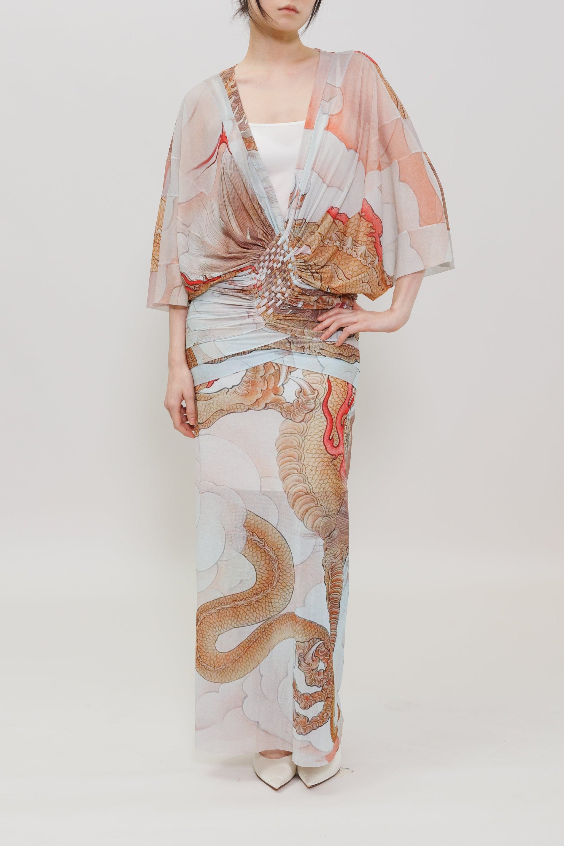 Wood Dragon Print Weaving Top